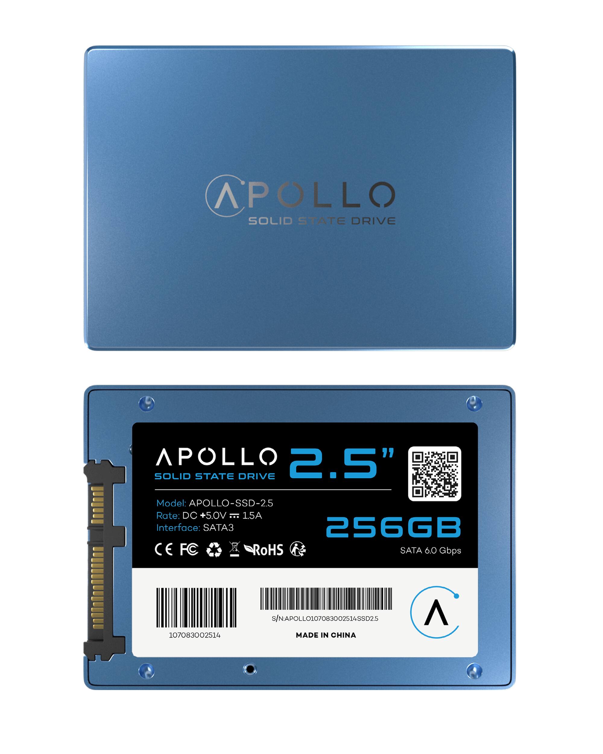 APOLLO SOLID STATE DRIVE  
2.5" SOLID STATE DRIVE  
Model: APOLLO-SSD-25  
Rate: DC +5.0V 15A  
Interface: SATA3  
256GB  
SATA 6.0 Gbps  
CE FC RoHS  
S/N: APOLLO107083002514SSD25  
MADE IN CHINA