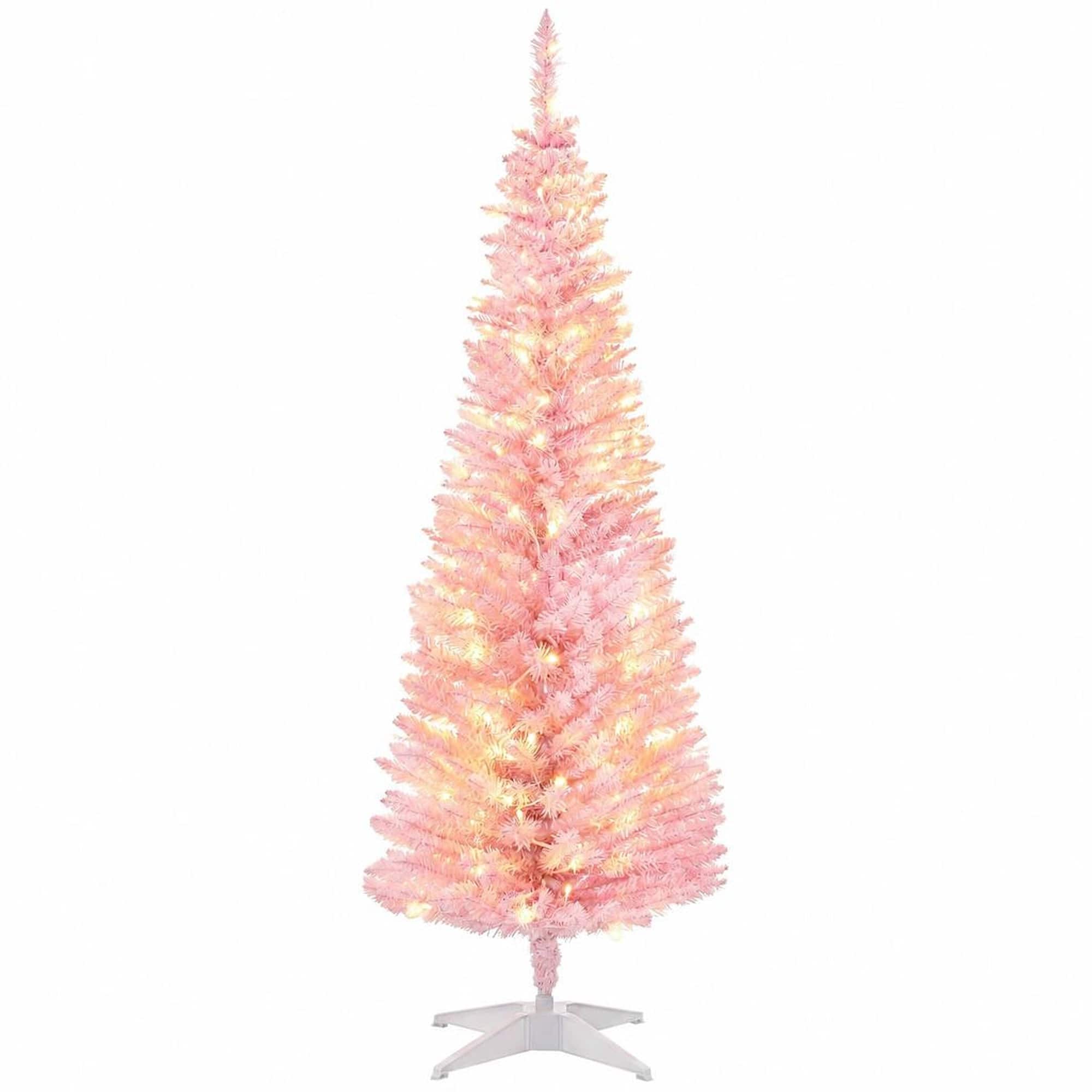 RYHNUYNE - 5 Ft Slim Noble Fir Artificial Christmas Tree With 110 Warm White LED Lights, 294 Tips Metal Stand Decor - Pink