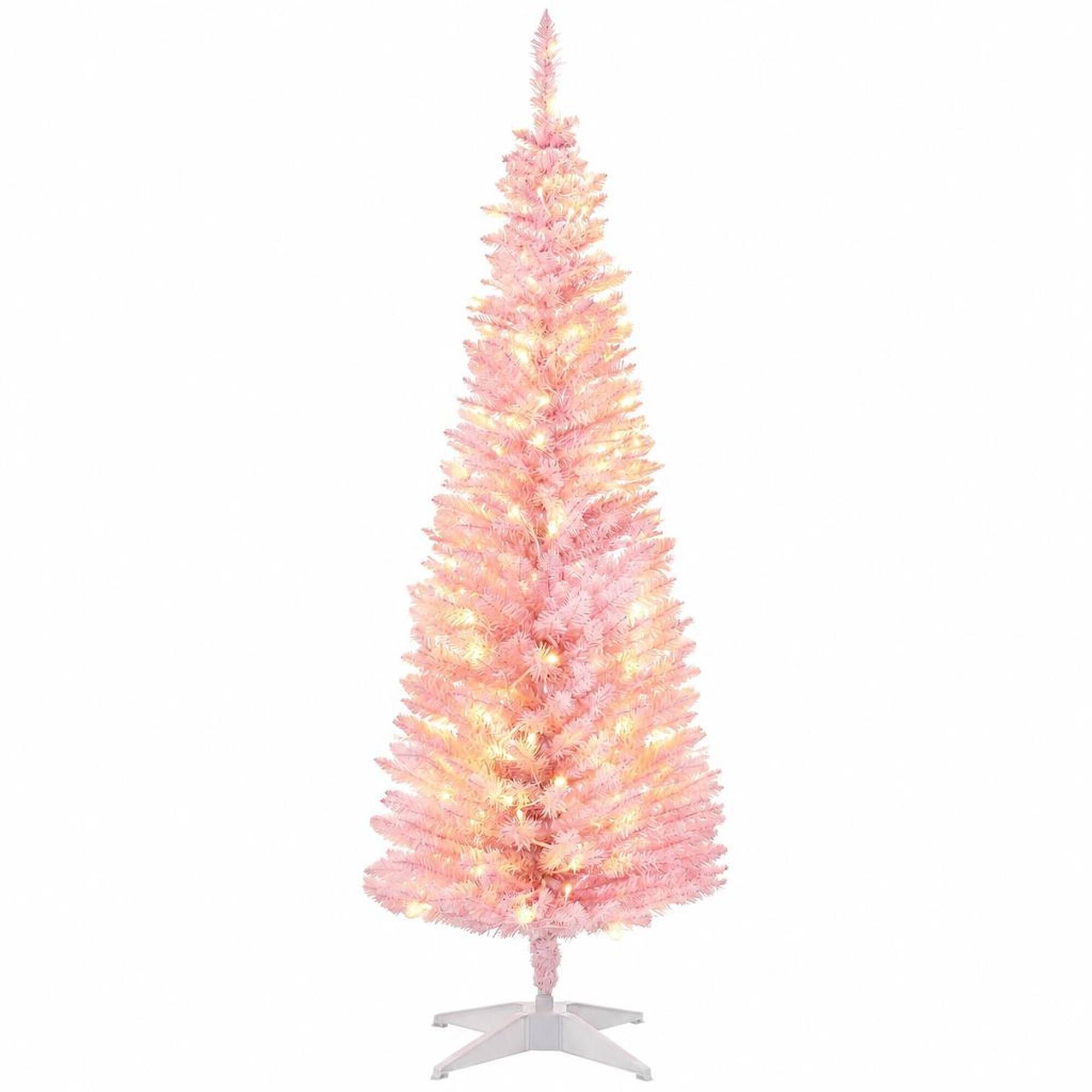 Front. RYHNUYNE - 5 Ft Slim Noble Fir Pink Artificial Christmas Tree With 110 Warm White LED Lights, 294 Tips Metal Stand Decor - Pink.
