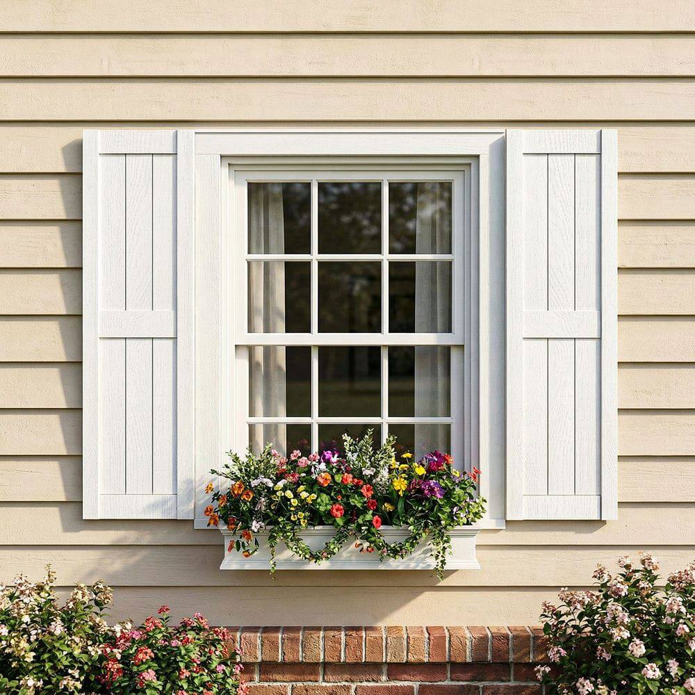 Angle. Kadyn - Vertical Grain Faux Shutters, Weather-Resistant Elegance, for Enhanced Curb Appeal, 14"x35", White - White.