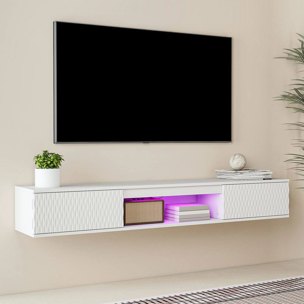 Alt View 5. Kadyn - Wall-Mounted Floating TV Stand with LED Lighting and Textured Wave  Design - White - White.