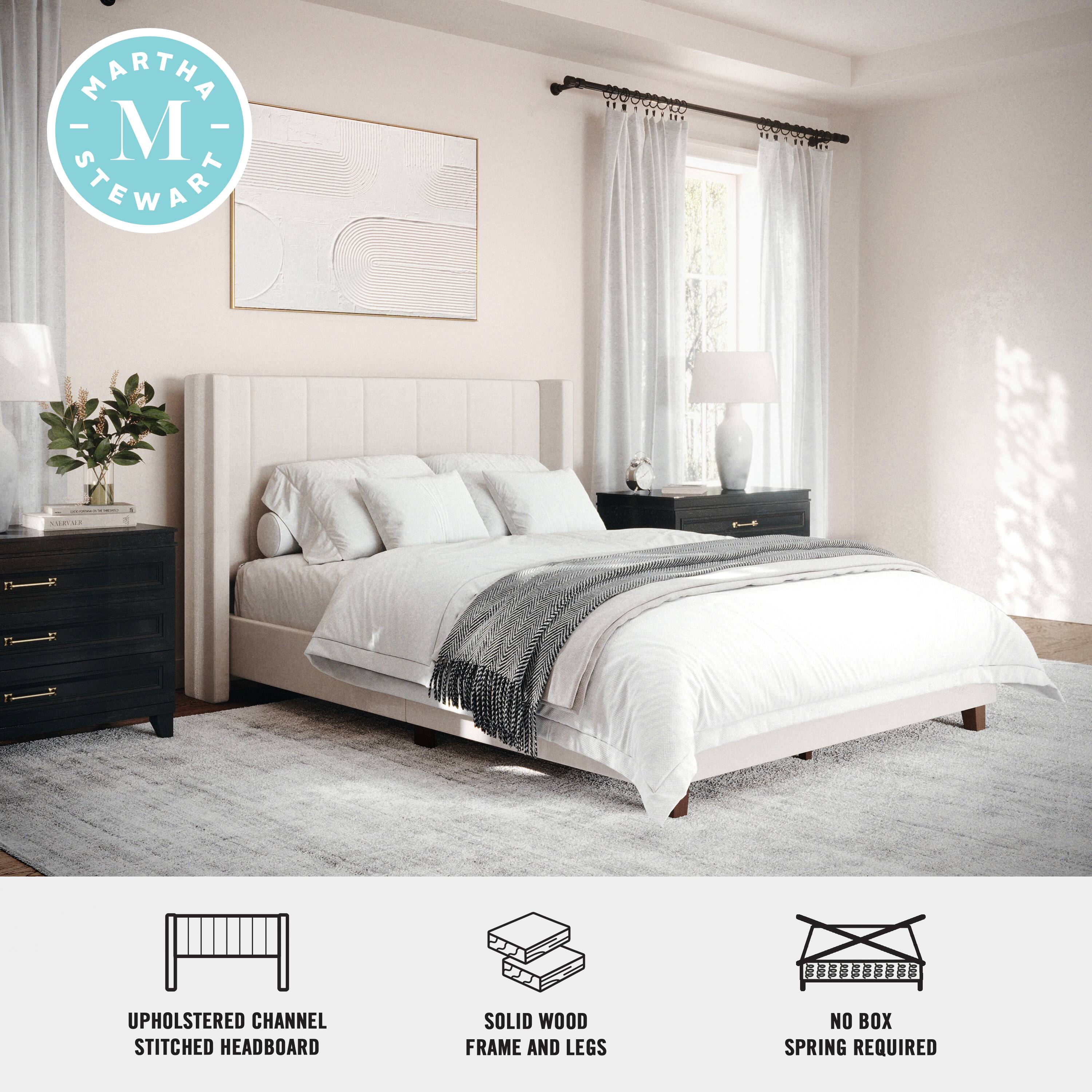 Martha Stewart Co. Upholstered channel stitched headboard, solid wood frame and legs, no box spring required.