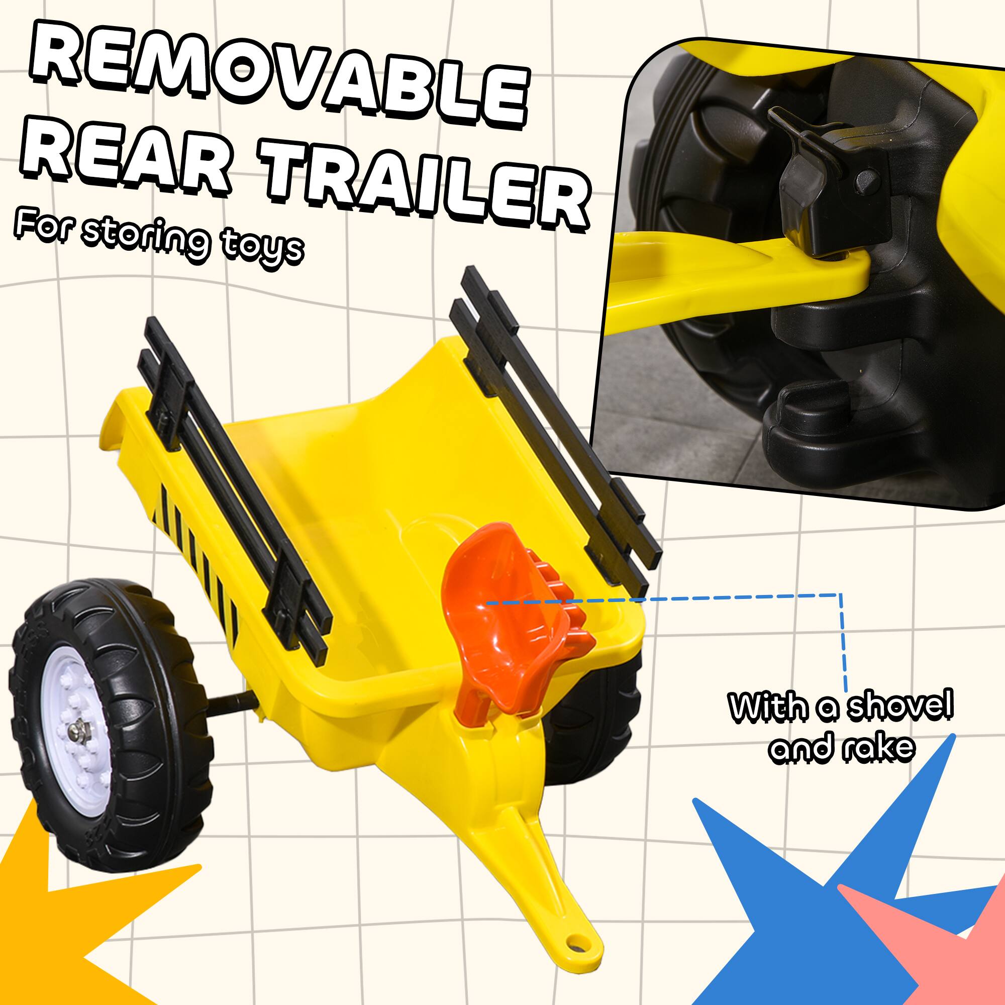 REMOVABLE REAR TRAILER  
For storing toys  

With a shovel and rake