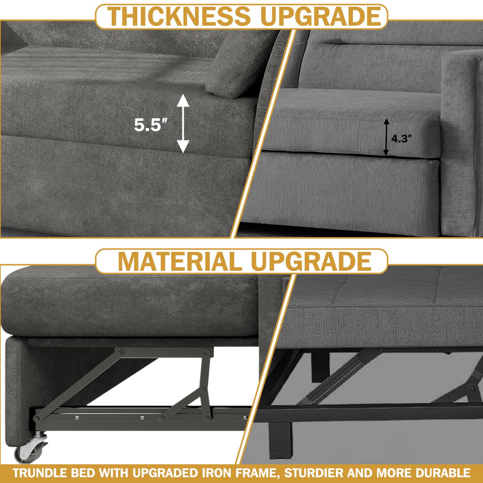 **Thickness Upgrade:**
- 5.5"
- 4.3"

**Material Upgrade:**
- Trundle bed with upgraded iron frame, sturdier and more durable