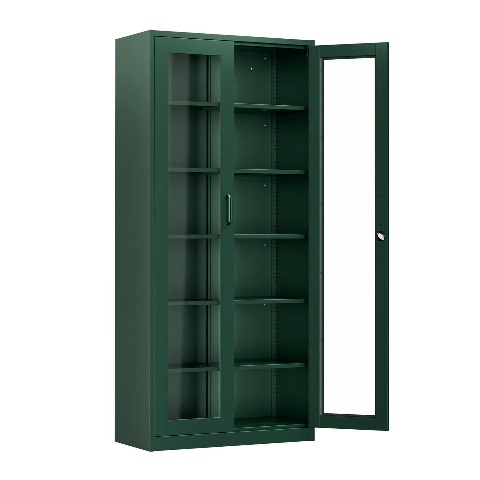 Winado - Heavy Duty 71" Tall Lockable Display Cabinet with Glass Doors & 5 Adjustable Shelves & Secure Locking System for Office - Dark Green