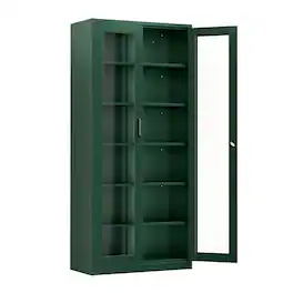 Winado - Heavy Duty 71" Tall Lockable Display Cabinet with Glass Doors & 5 Adjustable Shelves & Secure Locking System for Office - Dark Green
