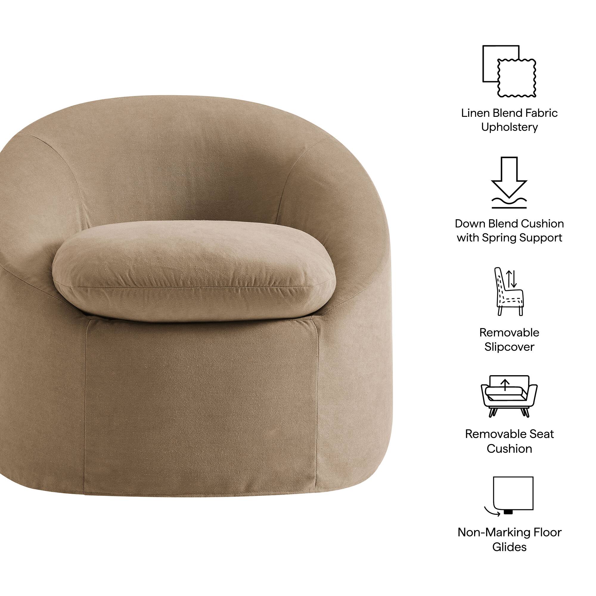 Linen Blend Fabric Upholstery  
Down Blend Cushion with Spring Support  
Removable Slipcover  
Removable Seat Cushion  
Non-Marking Floor Glides