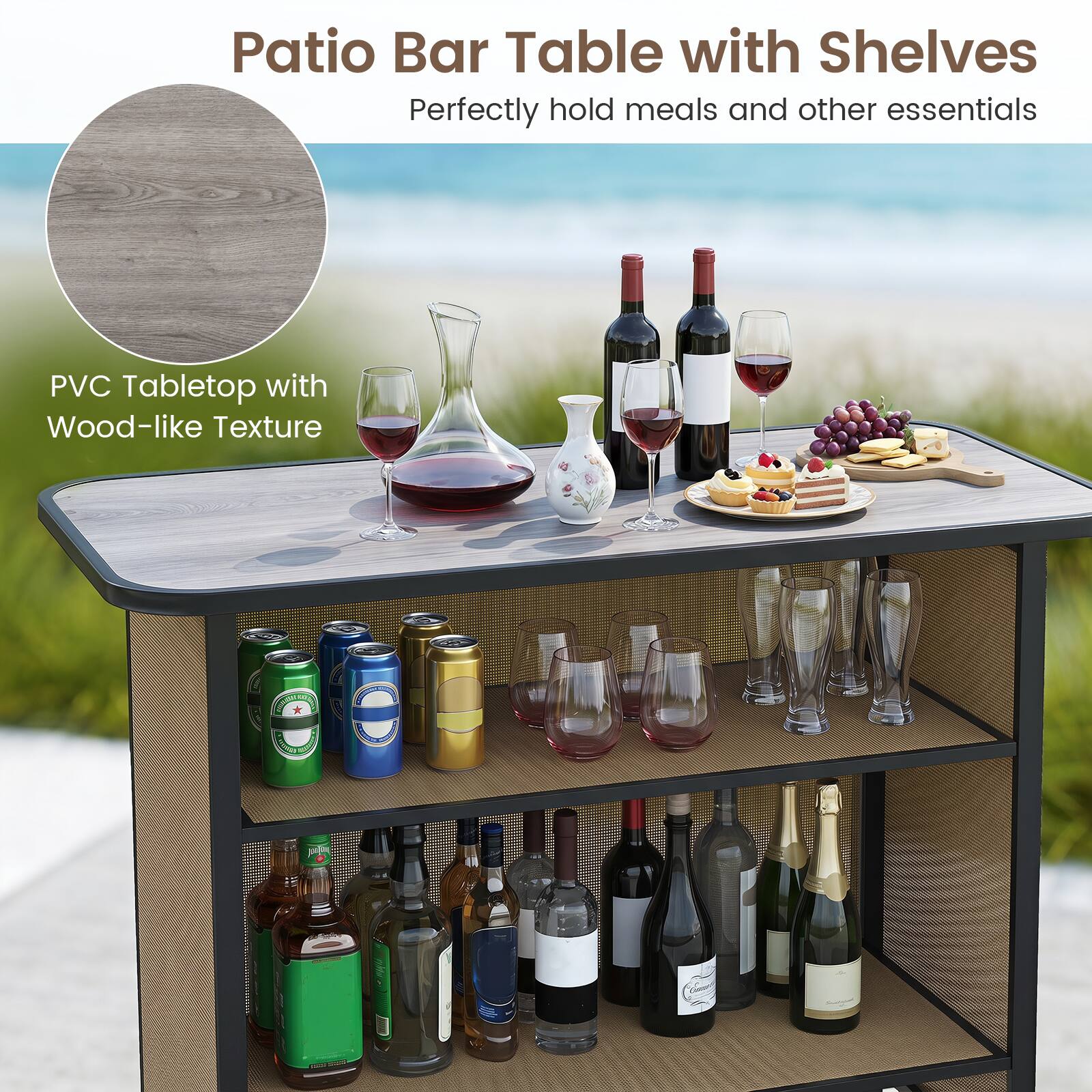 Patio Bar Table with Shelves  
Perfectly hold meals and other essentials  
PVC Tabletop with Wood-like Texture