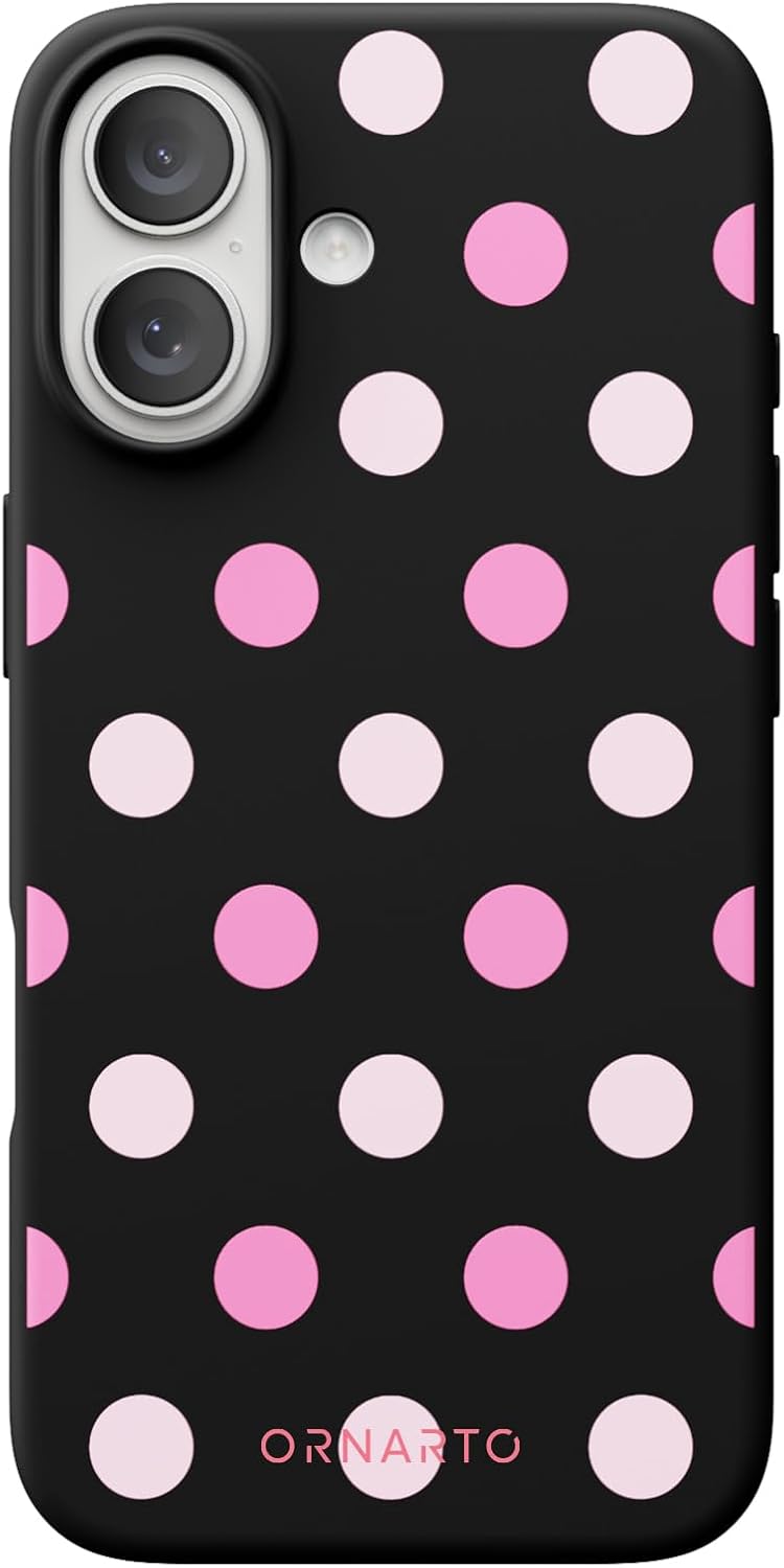 Front. Ornarto - ORNARTO Designed for iPhone 17 Case, Liquid Silicone Soft Gel Shockproof Protective Case-Black Pink Polka - Black Pink Polka Dot.