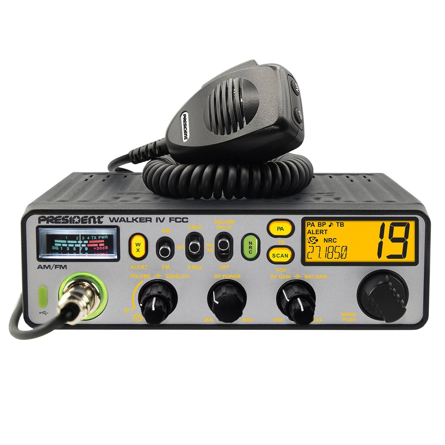 PRESIDENT WALKER IV  
FCC ANU/NB  
EMG1 HICUT AM - 1 3 a TX FWR W ANL SIG 1 3 5 + +30d8 OFF NRC x NU AM/FM AM ALERT FM EMG2 OFF VOLUME + SQUELCH RF POWER PA BP S TB PA ALERT TU ASO NRC SCAN 27 1850 Vox RFGAIN -- MIC GAIN 19 ASC MIN MAX MIN AX MENU PUSH