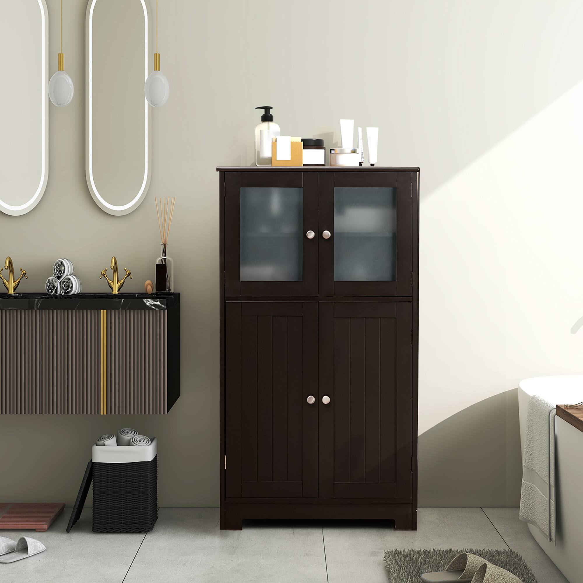 Alt View 9. Costway - Costway Bathroom Floor Storage Cabinet Kitchen Cupboard w/Doors&Adjustable Shelf - Brown.