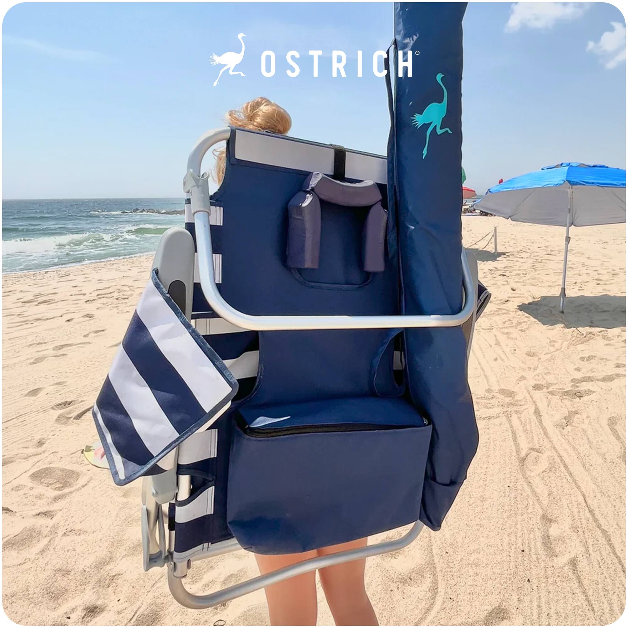 Alt View 7. Ostrich - Ostrich The Deluxe Backpacker Portable Beach Chair with Cooler Bag, Blue Stripe - Blue and White Striped.
