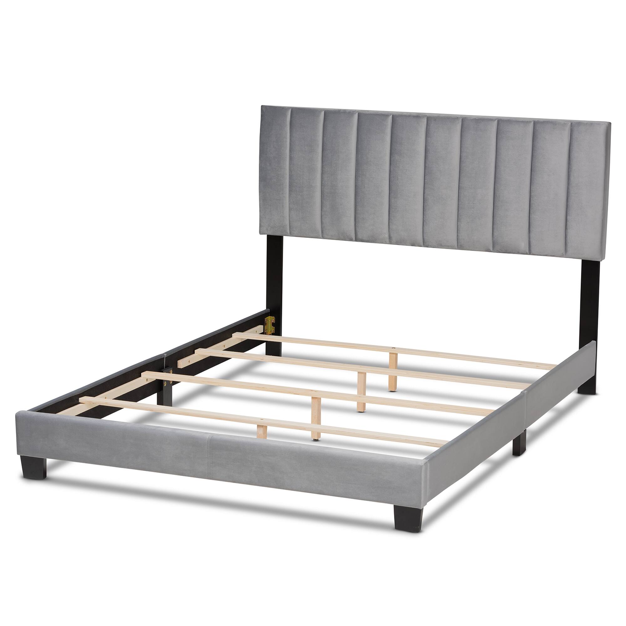 Left. Baxton Studio - Clare Glam and Luxe Velvet Fabric Upholstered King Size Panel Bed with Channel Tufted Headboard - Grey/Black.