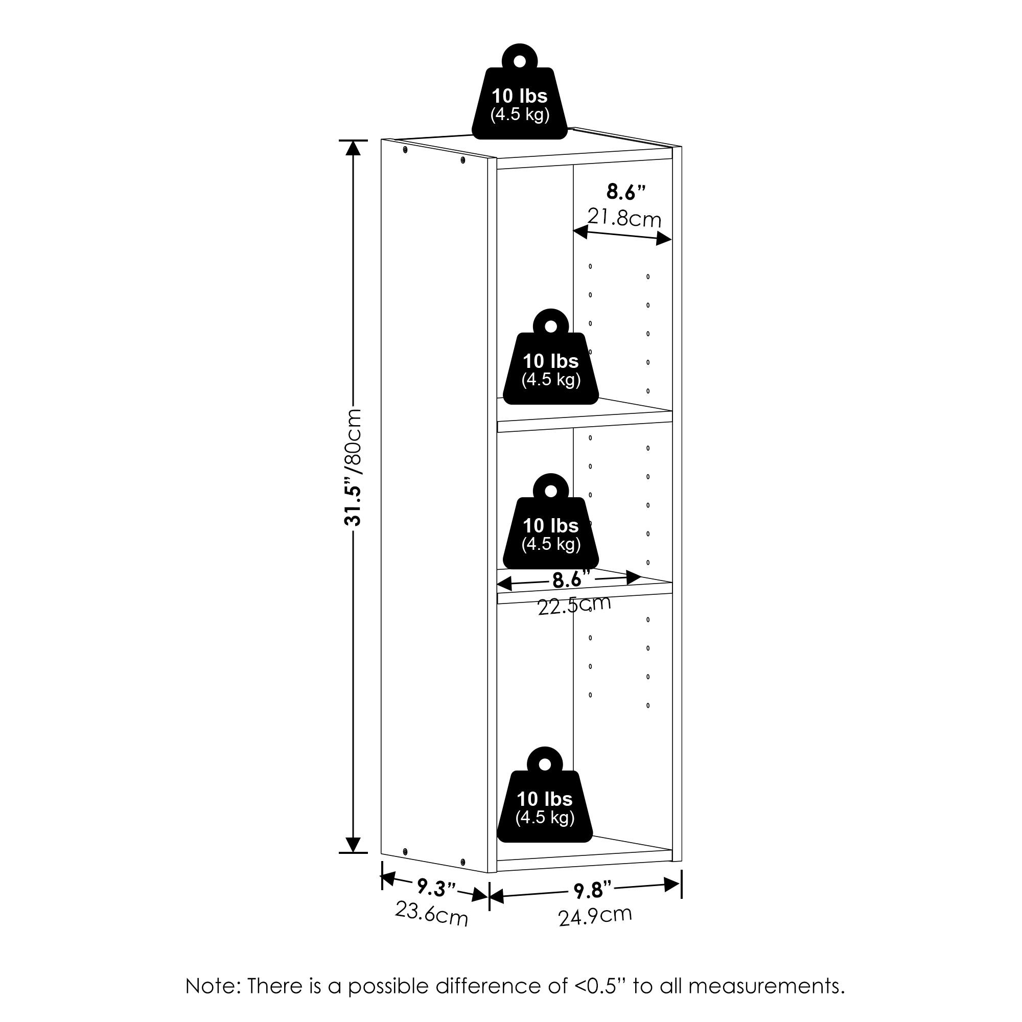 10 lbs (4.5 kg)  
8.6" (21.8 cm)  
31.5" (80 cm)  

10 lbs (4.5 kg)  
8.6" (22.5 cm)  

10 lbs (4.5 kg)  
9.3" (23.6 cm)  
9.8" (24.9 cm)  

Note: There is a possible difference of <0.5" to all measurements.