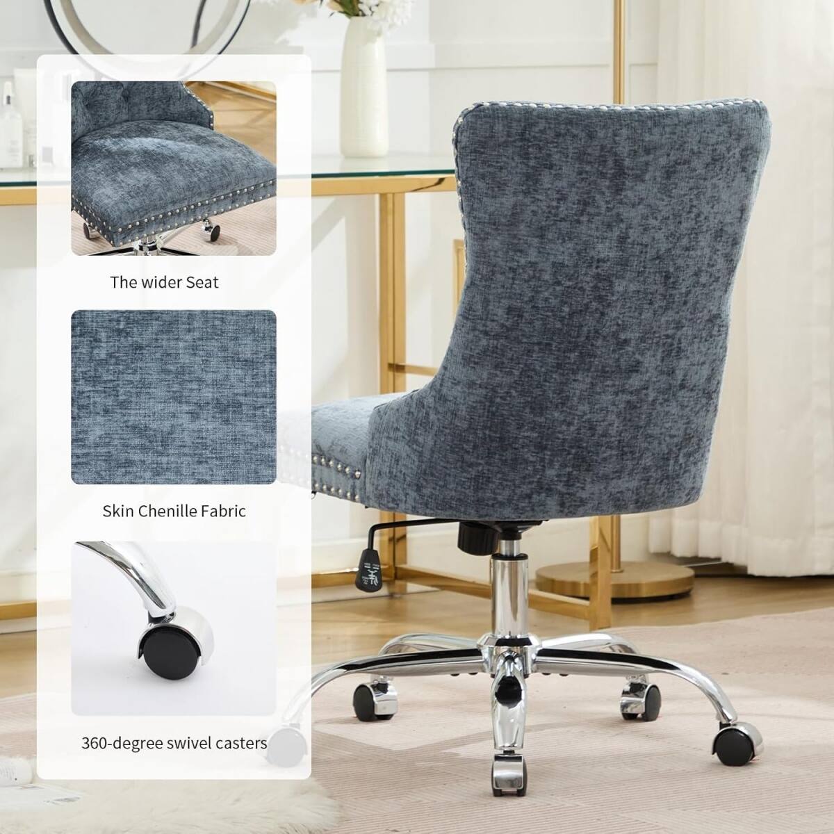 - The wider Seat
- Skin Chenille Fabric
- 360-degree swivel casters