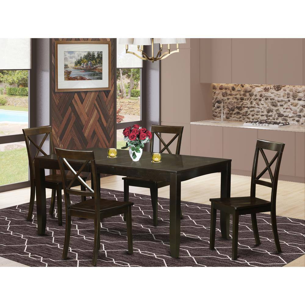 Back. East West Furniture - 5 Pc Dining set-Table with Leaf Plus 4 Dining Chairs - Cappuccino.