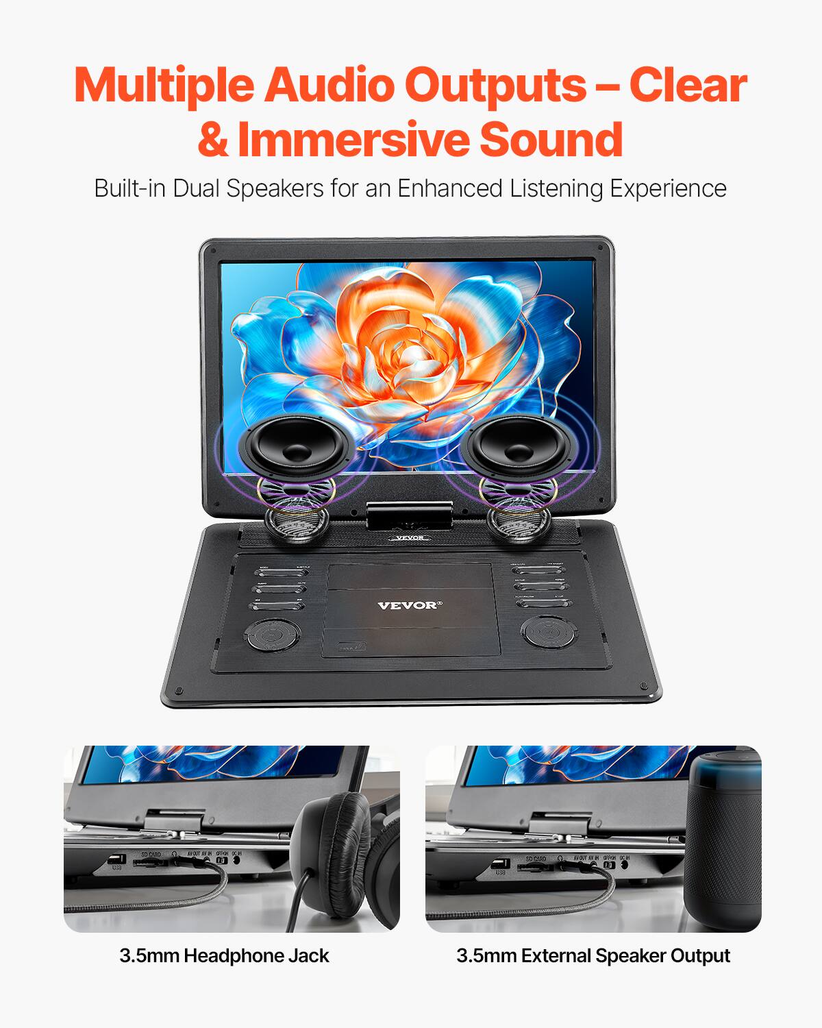 Multiple Audio Outputs – Clear & Immersive Sound

Built-in Dual Speakers for an Enhanced Listening Experience

3.5mm Headphone Jack

3.5mm External Speaker Output