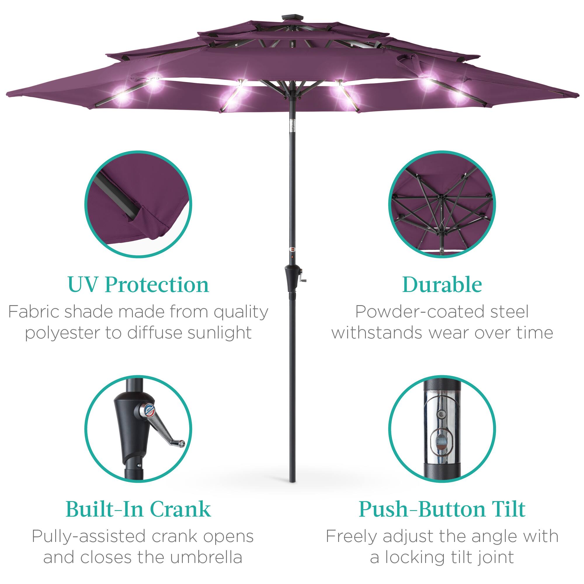 - UV Protection  
  Fabric shade made from quality polyester to diffuse sunlight

- Durable  
  Powder-coated steel withstands wear over time

- Built-In Crank  
  Pully-assisted crank opens and closes the umbrella

- Push-Button Tilt  
  Freely adjust the angle with a locking tilt joint