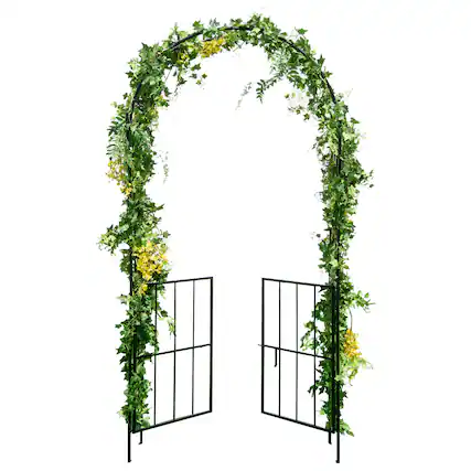 Front. Costway - Garden Arch Arbor Trellis with Gate 7.5 ft Patio Archway Pergola for Wedding - Black.