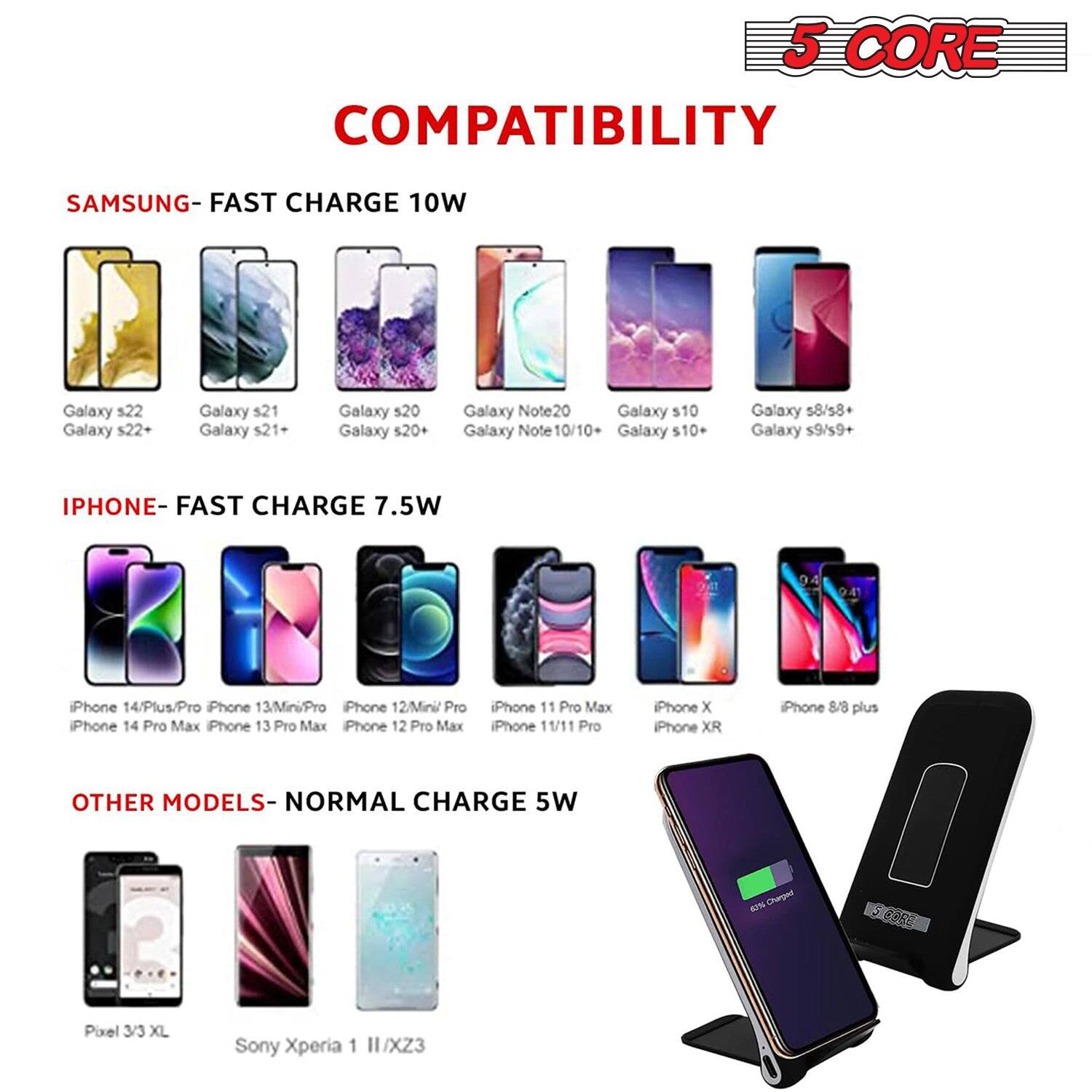 **5 CORE**

**COMPATIBILITY**

**SAMSUNG - FAST CHARGE 10W**
- Galaxy S22
- Galaxy S21
- Galaxy S20
- Galaxy Note20
- Galaxy S20+
- Galaxy Note10/10+
- Galaxy S10+
- Galaxy S8/S8+
- Galaxy S9/S9+

**IPHONE - FAST CHARGE 7.5W**
- iPhone 14/Plus/Pro
- iPhone 13/Mini/Pro
- iPhone 12/Mini/Pro
- iPhone 14 Pro Max
- iPhone 13 Pro Max
- iPhone 12 Pro Max
- iPhone 11 Pro Max
- iPhone 11/11 Pro
- iPhone X
- iPhone XR
- iPhone 8/8 Plus

**OTHER MODELS - NORMAL CHARGE 5W**
- Pixel 3/3 XL
- Sony Xperia 1 II/XZ3