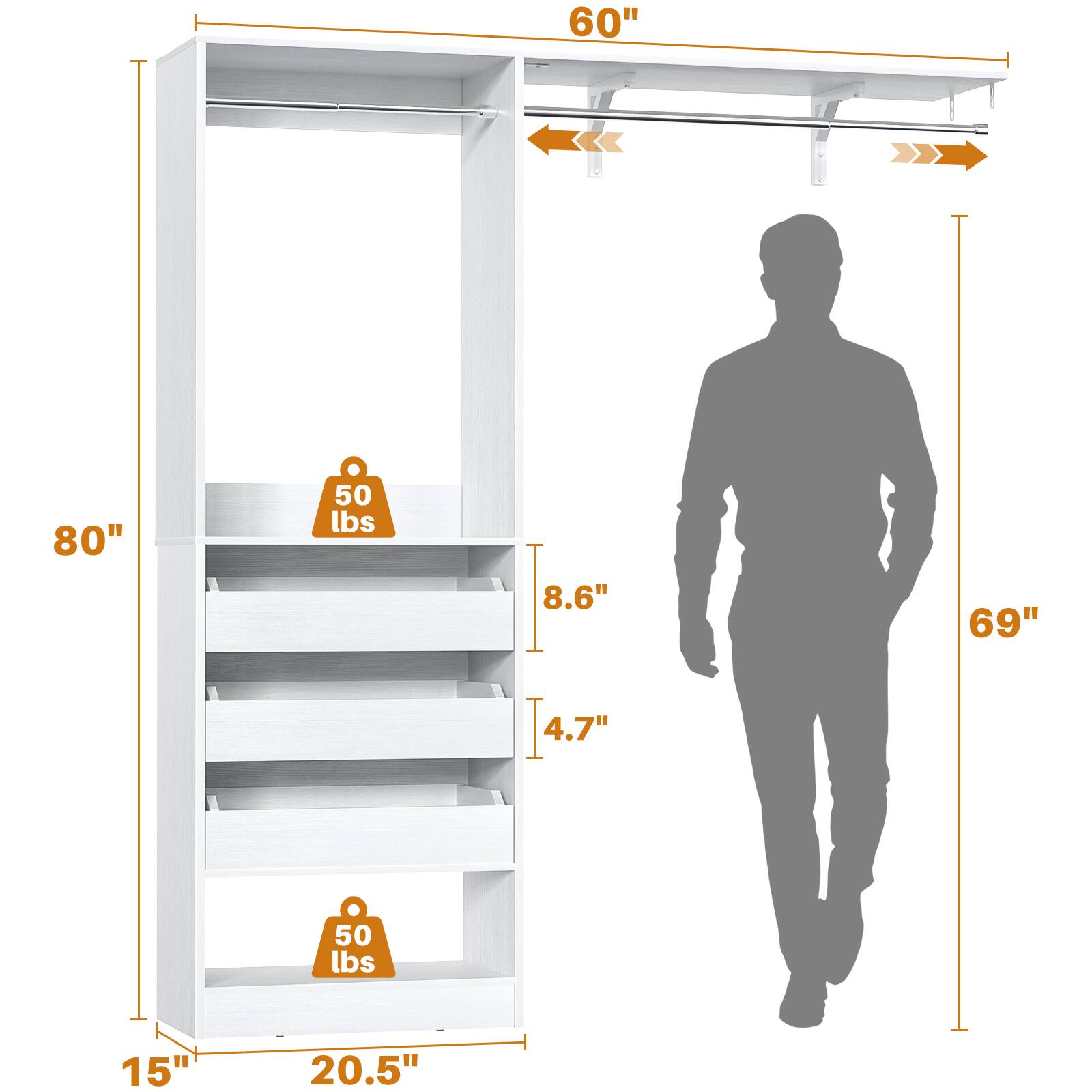 60" 80" 50 lbs 8.6" 69" 4.7" 50 lbs 15" 20.5"