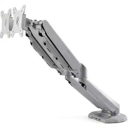 Front. StarTech.com - Desk Mount Dual Monitor Arm with USB & 3.5mm Audio, Desk Clamp Ergonomic VESA Mount for up to 32" (17.6lb/8kg) Displays - Silver.