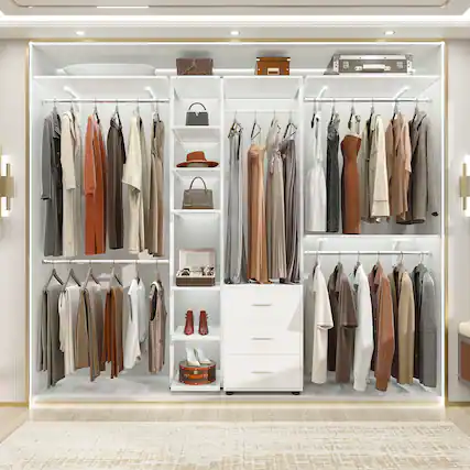 Front. Aheaplus - 96 Inch Freestanding Closet Organizer, All-in-One Closet System with 3 Drawers, 12 Shelves and 5 Hanging Rods - White.