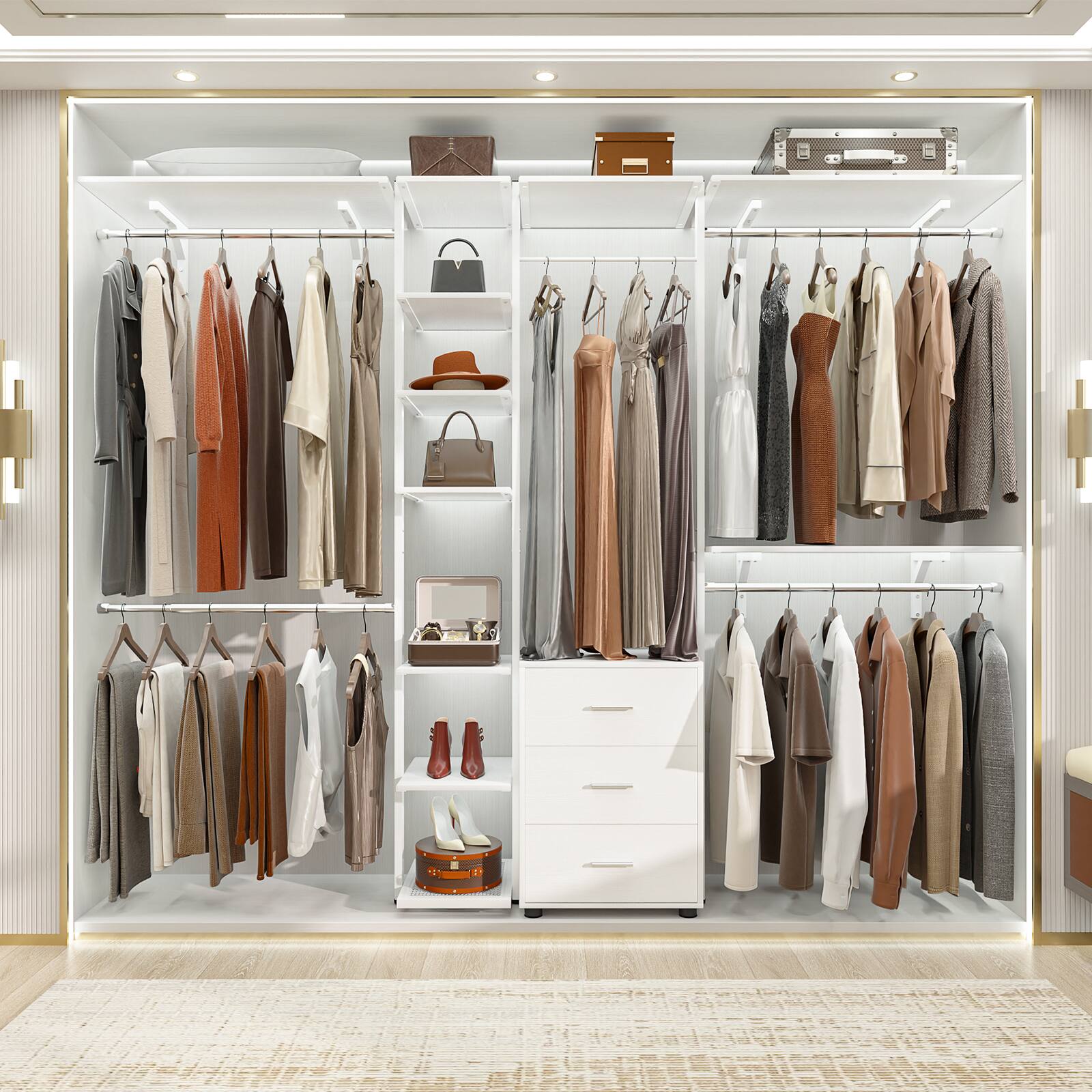 Front. Aheaplus - 96 Inch Freestanding Closet Organizer, All-in-One Closet System with 3 Drawers, 12 Shelves and 5 Hanging Rods - White.
