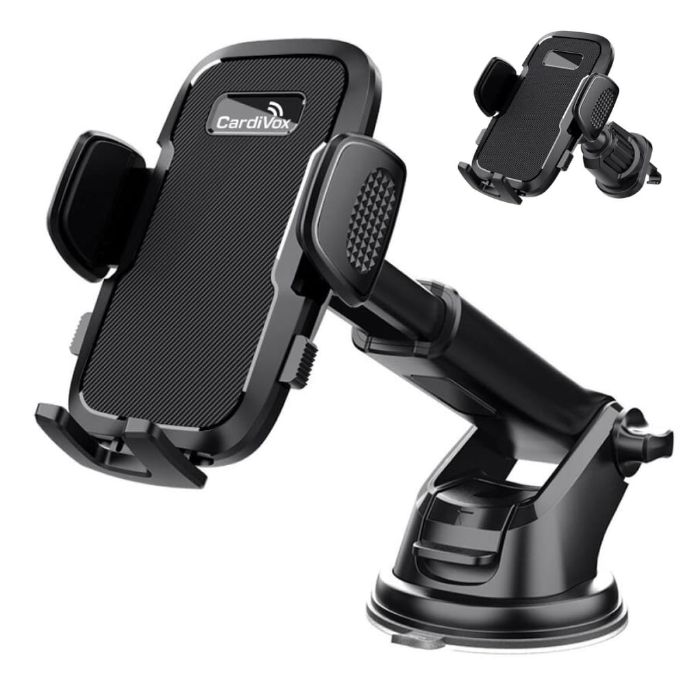 CardiVox - 2-in-1 Car Phone Holder Mount for iPhone & Android, Dashboard & Windshield Cell Phone Holder, One-Touch Lock, 360° - Black