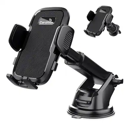 Front. CardiVox - 2-in-1 Car Phone Holder Mount for iPhone & Android, Dashboard & Windshield Cell Phone Holder, Vent Mount, 360° - Black.