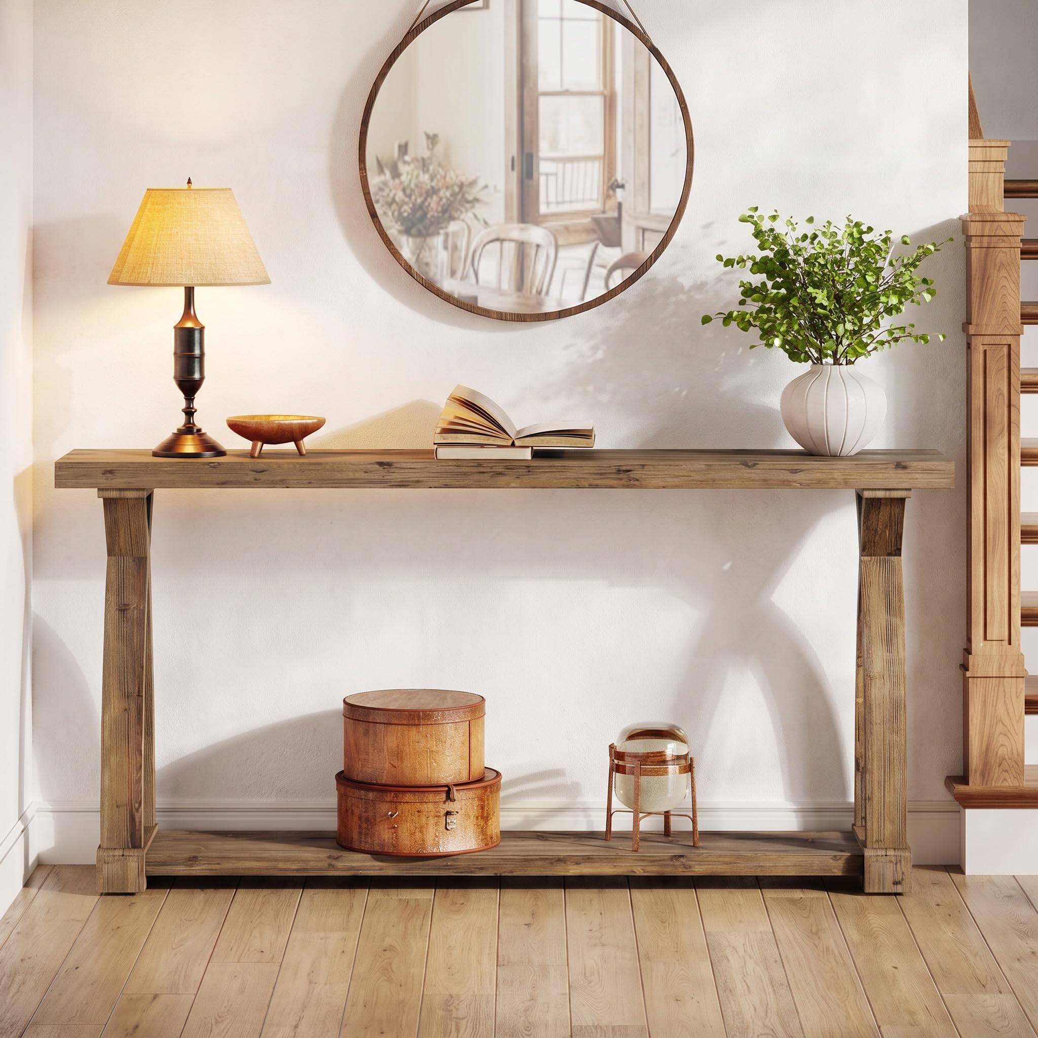 Back. Tribesigns - 63" Long Console Table, 2-Tier Entryway Table with Storage Shelf - Rustic Brown.