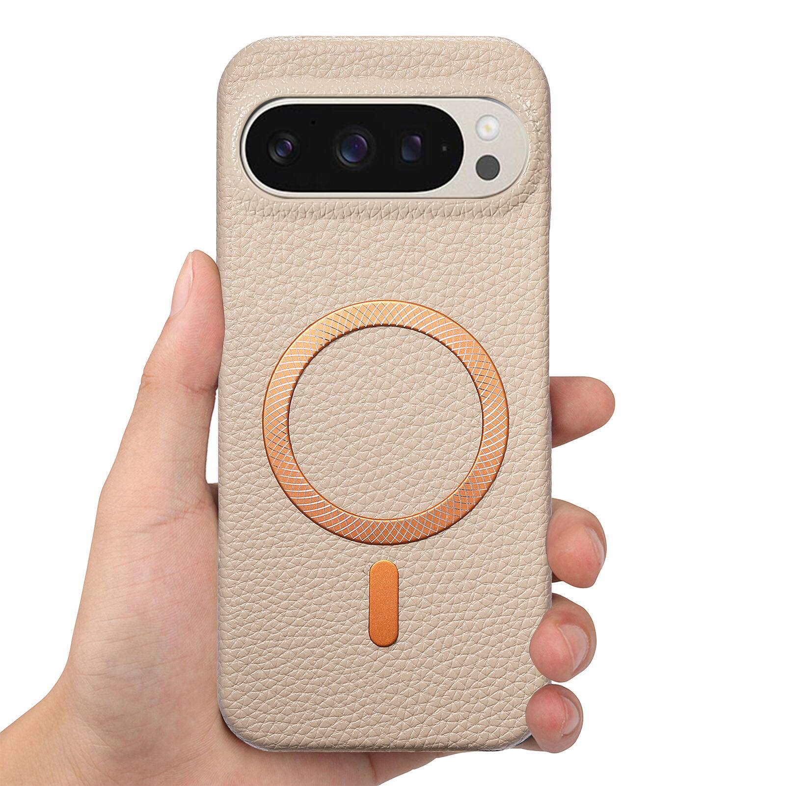 Alt View 1. Dteck - Lychee Texture Case for Google Pixel 10 Pro, Premium PU Leather Magnetic Shockproof Hard PC Cover with Raised Edges - Khaki.