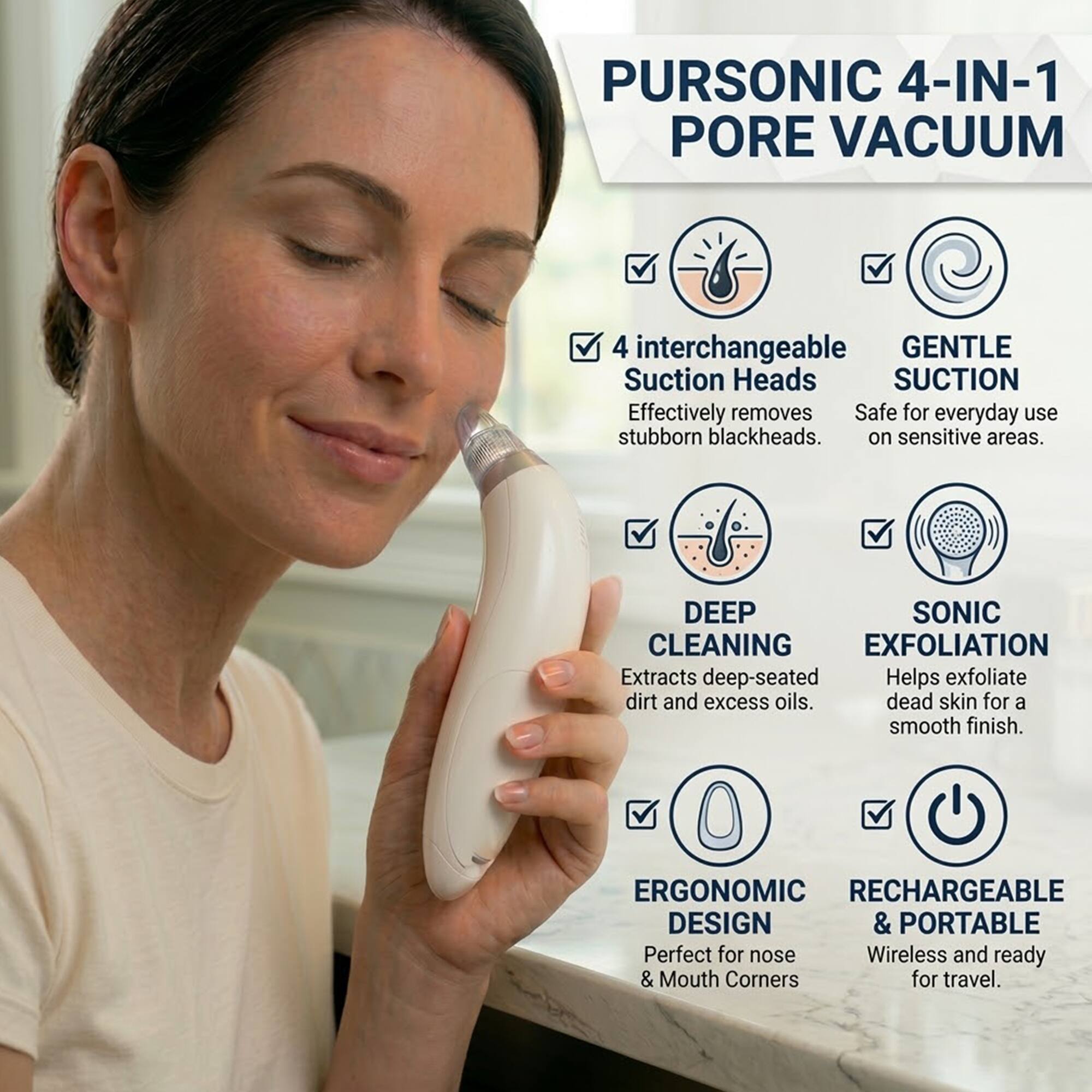 PURSONIC 4-IN-1 PORE VACUUM

- 4 interchangeable Suction Heads
- GENTLE SUCTION: Effectively removes stubborn blackheads. Safe for everyday use on sensitive areas.
- DEEP CLEANING: Extracts deep-seated dirt and excess oils.
- SONIC EXFOLIATION: Helps exfoliate dead skin for a smooth finish.
- ERGONOMIC DESIGN: Perfect for nose & Mouth Corners
- RECHARGEABLE & PORTABLE: Wireless and ready for travel.
