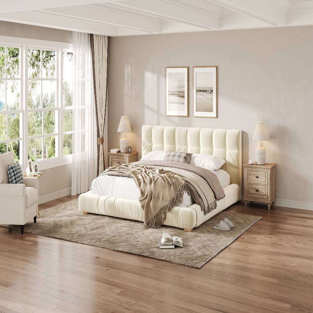 Back. Loheer - Loheer King Size Bed Frame Upholstered Platform Bed Velvet Beige Tufted Headboard Low Profile - Beige.