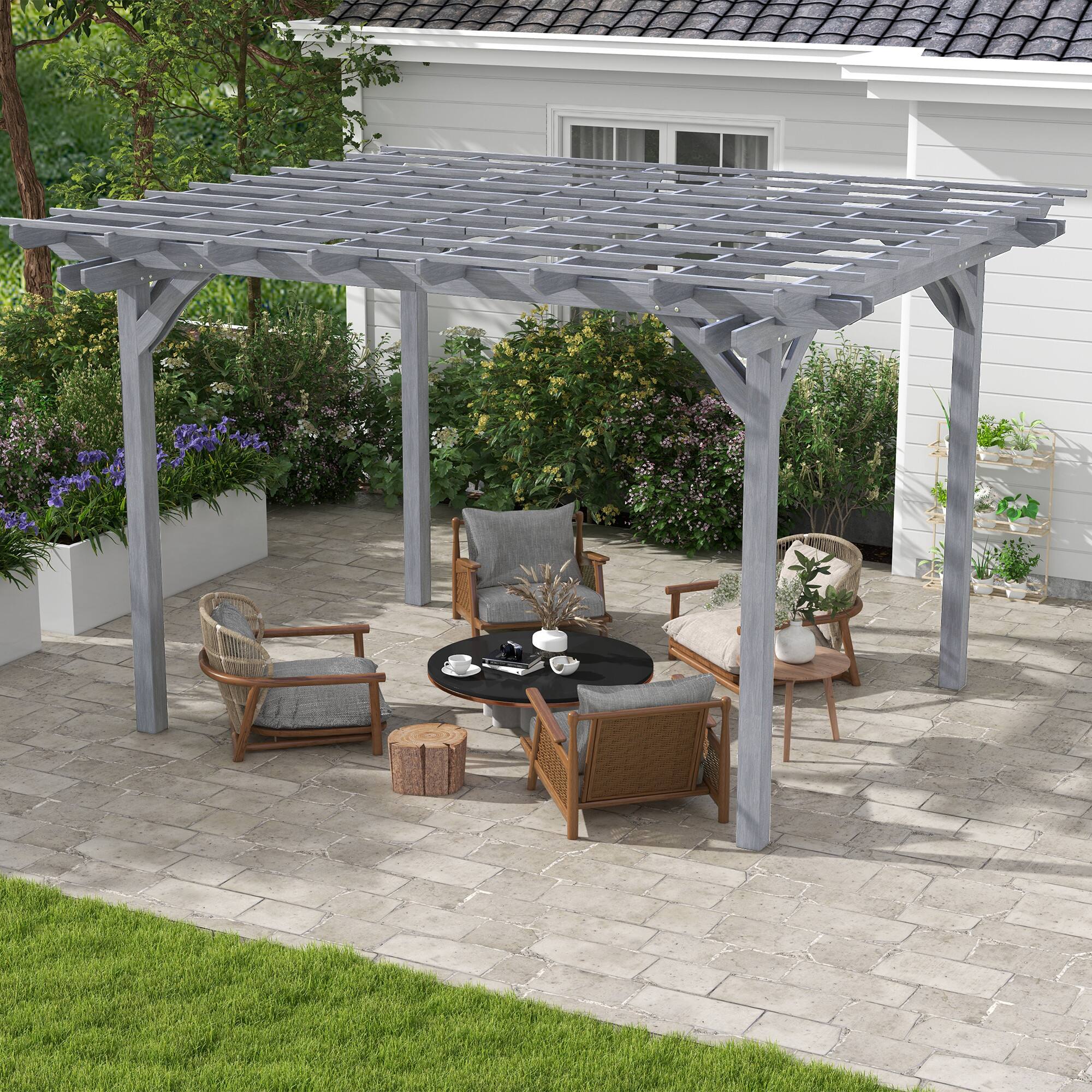 Alt View 1. Outsunny - 12' x 10' Outdoor Pergola, Wood Grape Gazebo for Climbing Plant Support, Garden, Patio, Backyard, Deck - Gray.