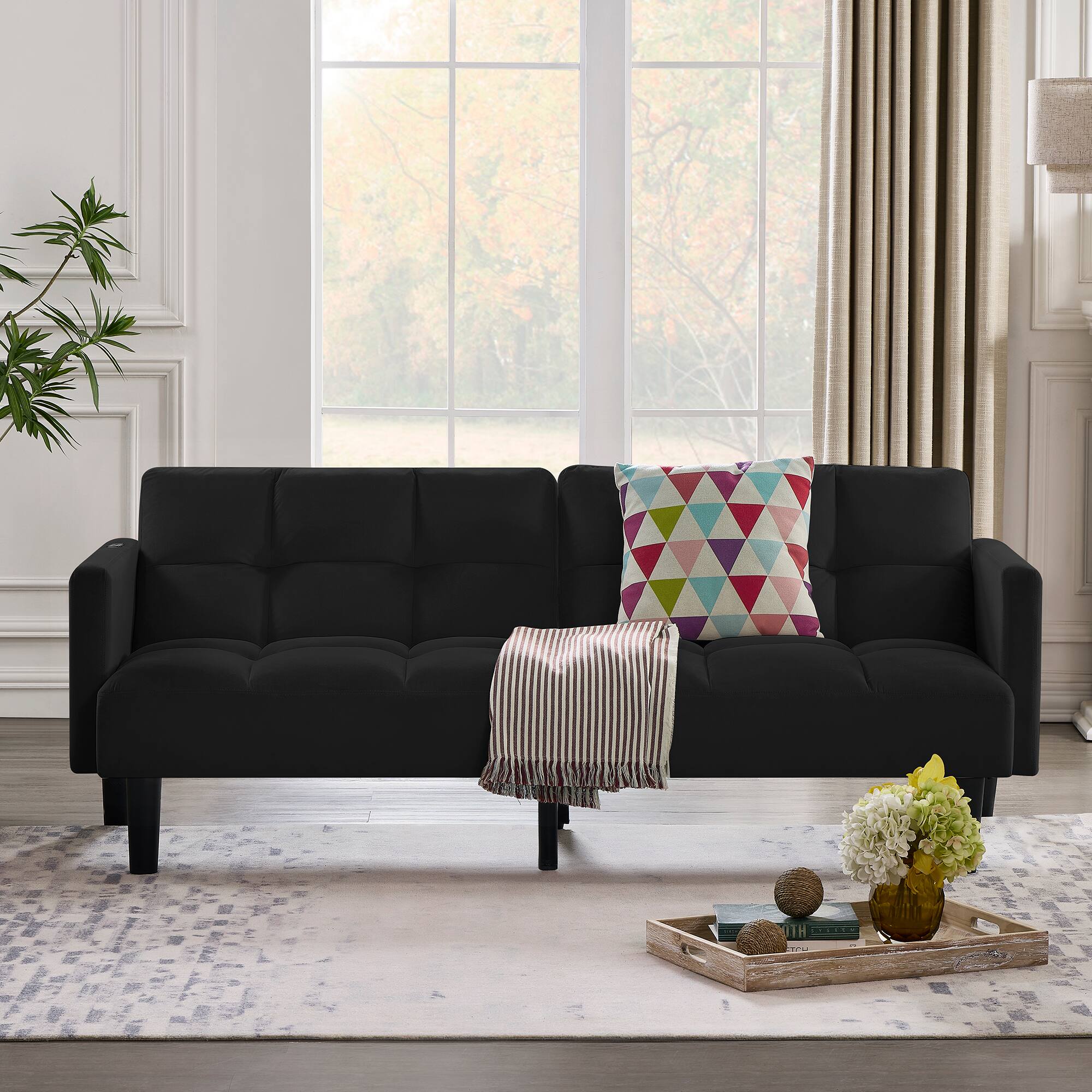 Angle. TinyHomie - Velvet Futon Couch Convertible Folding Sofa Bed Tufted Couch for Apartment - Black.