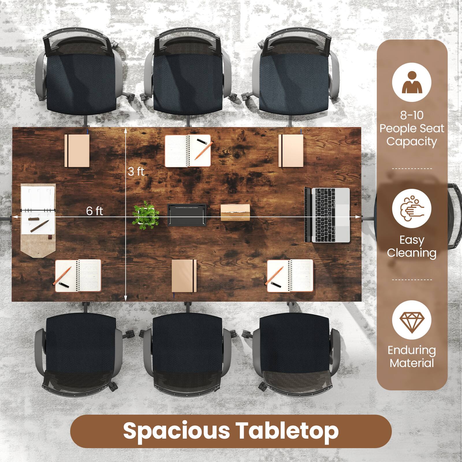 Spacious Tabletop
8-10 People Seat Capacity
Easy Cleaning
Enduring Material