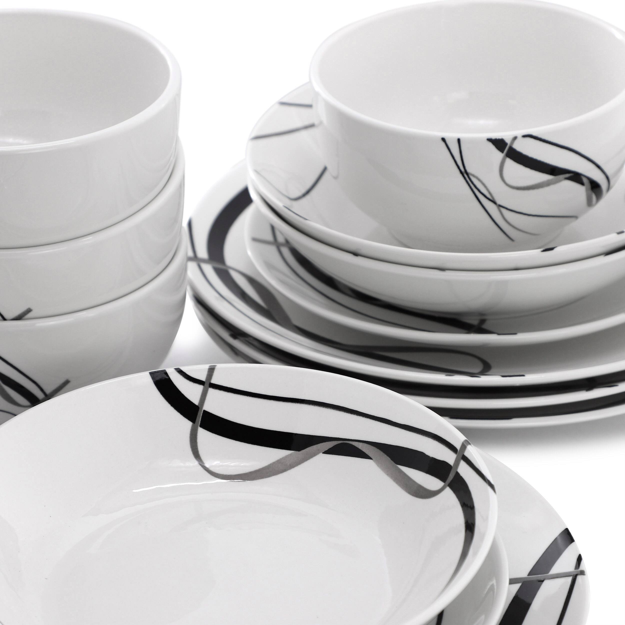 Alt View 5. Elama - Elama Sarah 16 Piece Porcelain Double Bowl Black Ribbon Dinnerware Set, Service for 4 in White and Black - White.