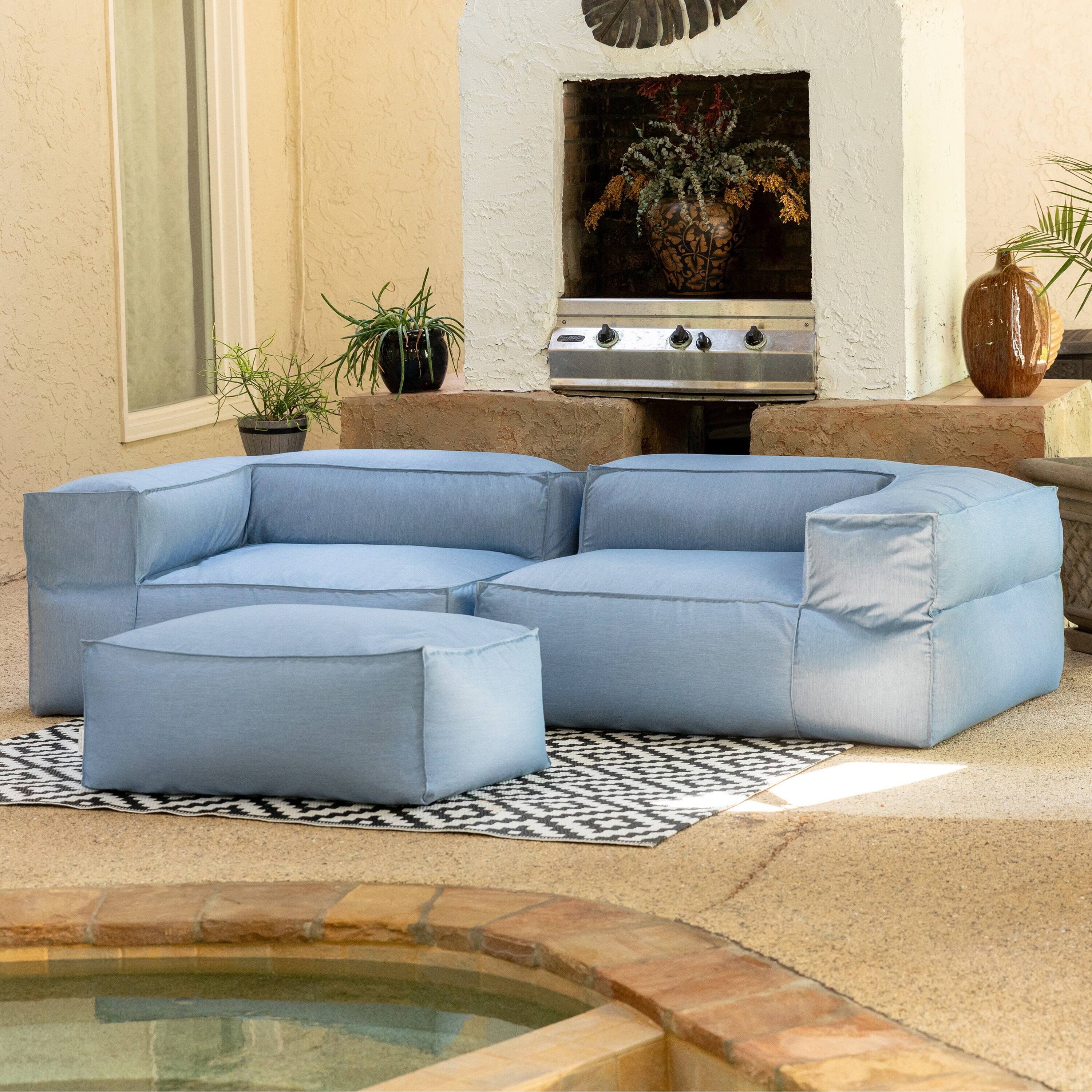 Left. Jaxx - Baya Outdoor Ottoman - Sunbrella, Ocean Blue - Ocean Blue.