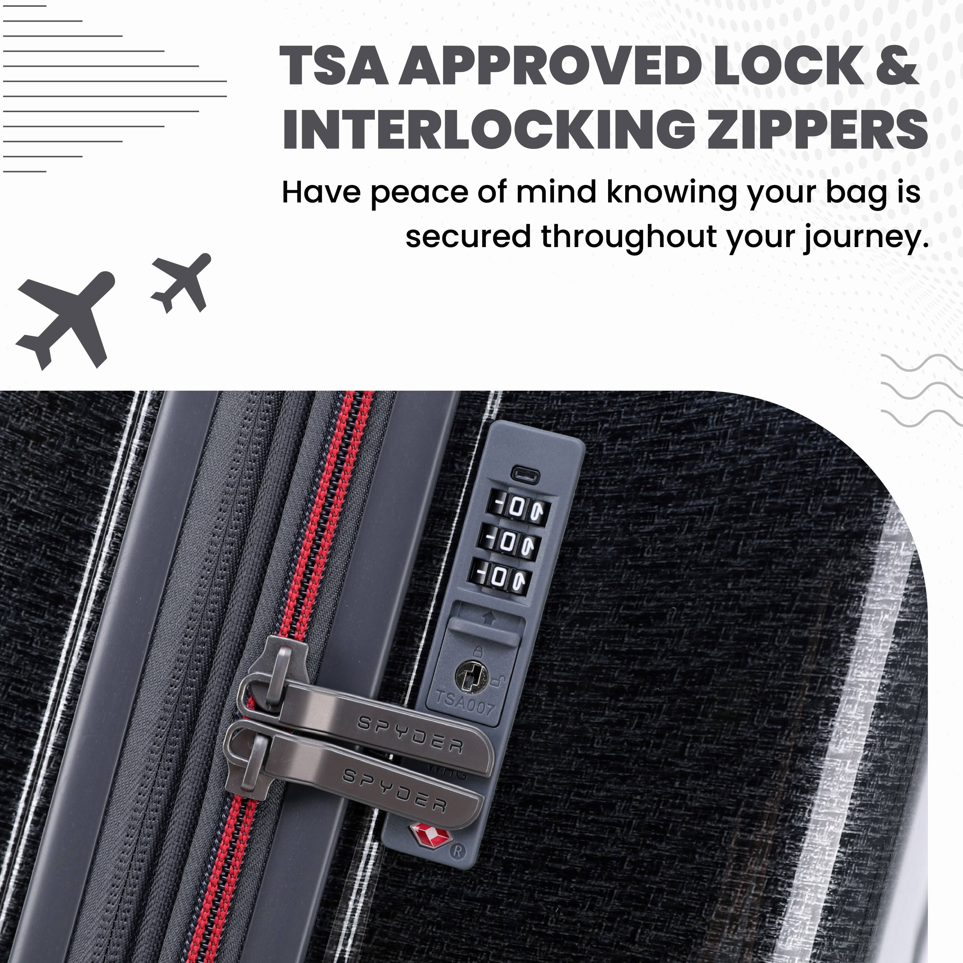 TSA APPROVED LOCK & INTERLOCKING ZIPPERS

Have peace of mind knowing your bag is secured throughout your journey.

100
100
100

TSA007
SPYDER
SPYDER