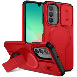 Dteck - Magnetic Case for Samsung Galaxy A17 5G/A26 5G with Slide Lens Cover,Qi Wireless Charging,Rugged Stand Shockproof Shell - Red