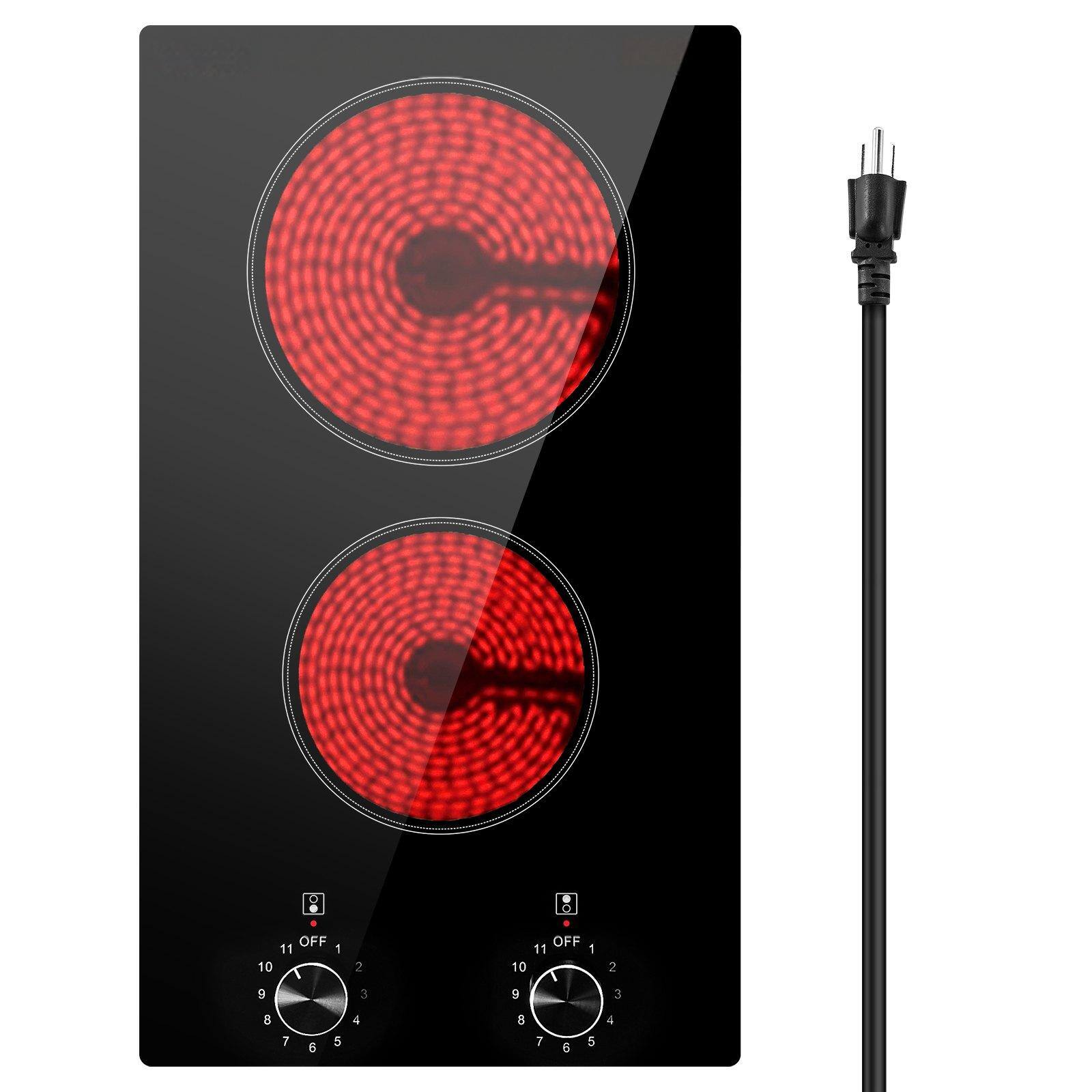 Glintex - 12" Built-In Electric Cooktop, 2 Burners, 1800W Radiant Ceramic Glass, Knob Control, 11 Heat Levels, 120V - Black