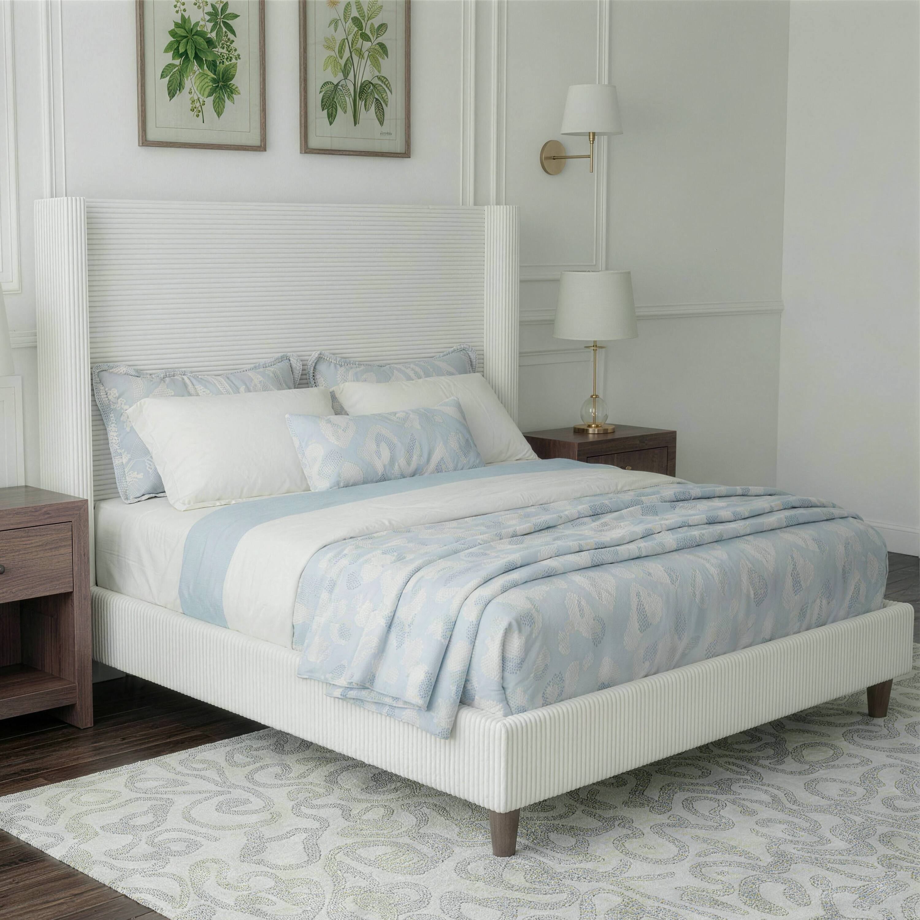 Left. Dyonery - Queen Bed Frame, Upholstered Platform Bed, Adjustable Vertical Channel Tufted Headboard, Corduroy Fabric. - Beige.