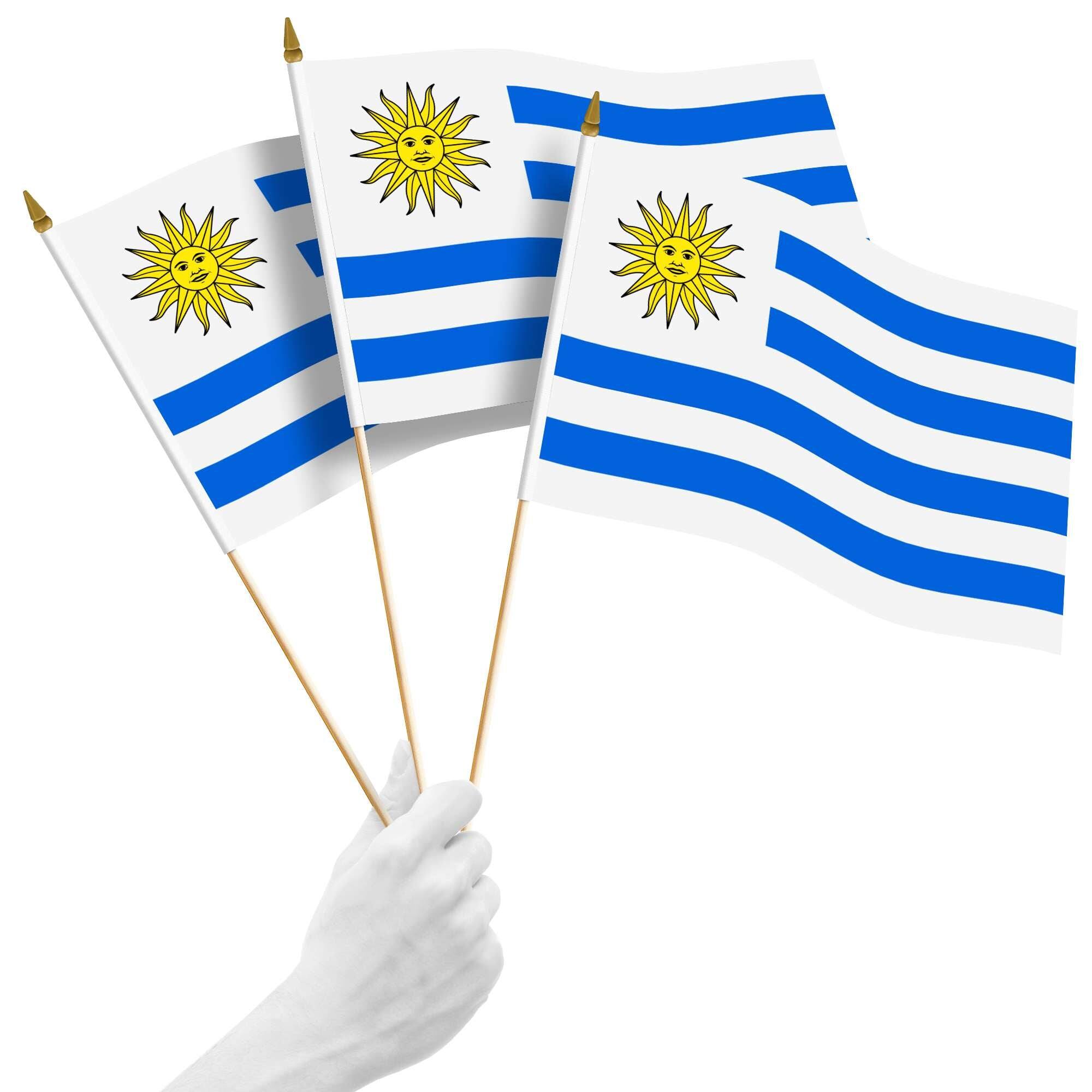 Front. G128 - Handheld Uruguay Stick Flags 12x18 Inch Printed 150D Polyester 10 Pack - Blue and White.