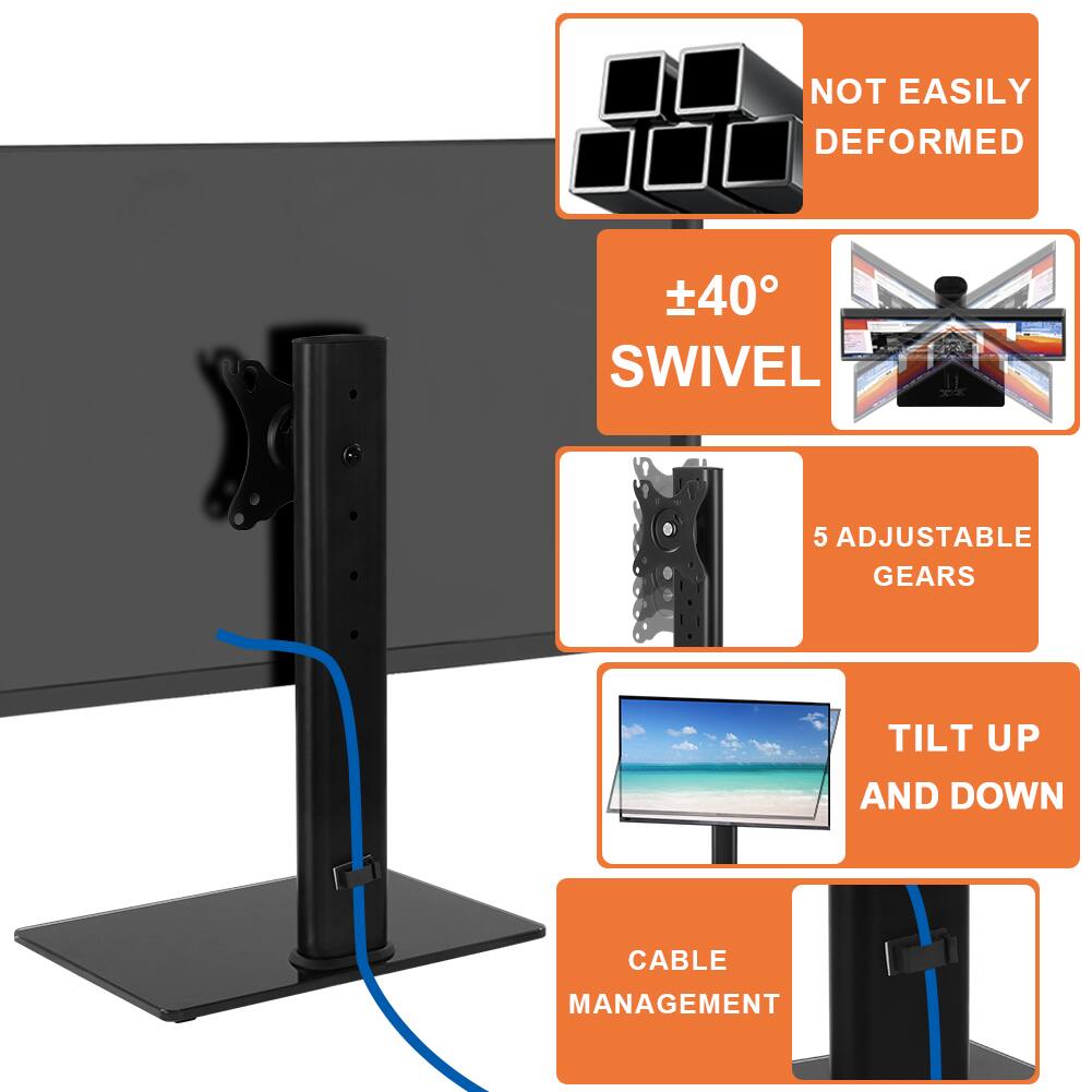 - NOT EASILY DEFORMED
- ±40° SWIVEL
- 5 ADJUSTABLE GEARS
- TILT UP AND DOWN
- CABLE MANAGEMENT