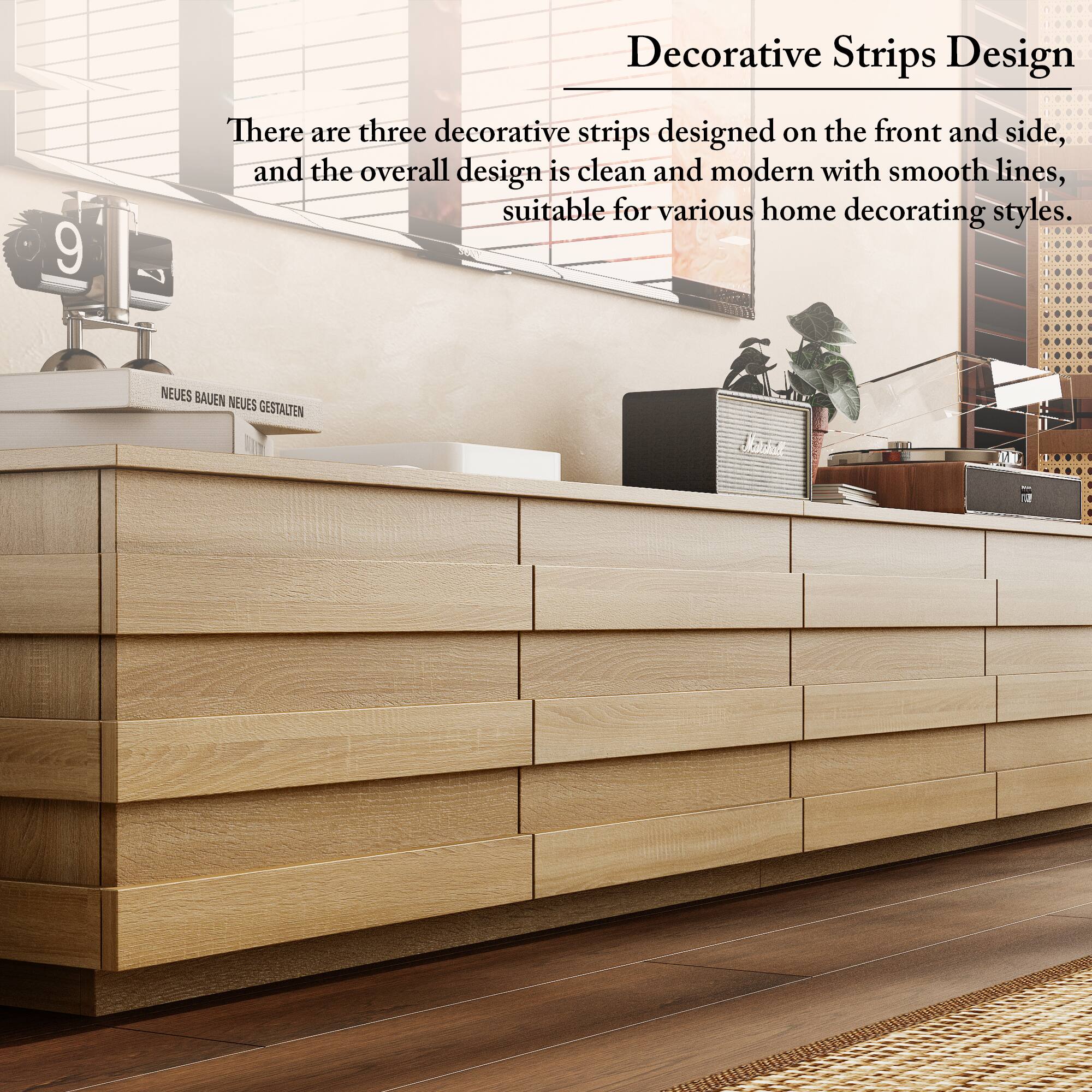 Three decorative strips are designed on the front and side of the counter, and the overall design is clean and modern with smooth lines, suitable for various home decorating styles.