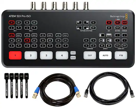 ATEM SDI Pro ISO
Blackmagic Design
DISK ON OFF ON OFF ON ON
REC ON AIM OFF OFF STOP OFF
MIC 1 MIC 2
PICTURE IN PICTURE
KEY RECORD STREAM
APV RESST AFV RESET AFV
HESET AFV RESET 1 2
ON OFF ON OFF ON OFF
0.5 1.0 1.5 2.0
MIX DIP M/V PGM
DURATION EFFECT
VIDEO OUT 1 2 3 4
STILL BLACK CUT AUTO FTB
SOUND SIGNAL SOUND SIGNAL SOUND SIGNAL SOUND SIGNAL