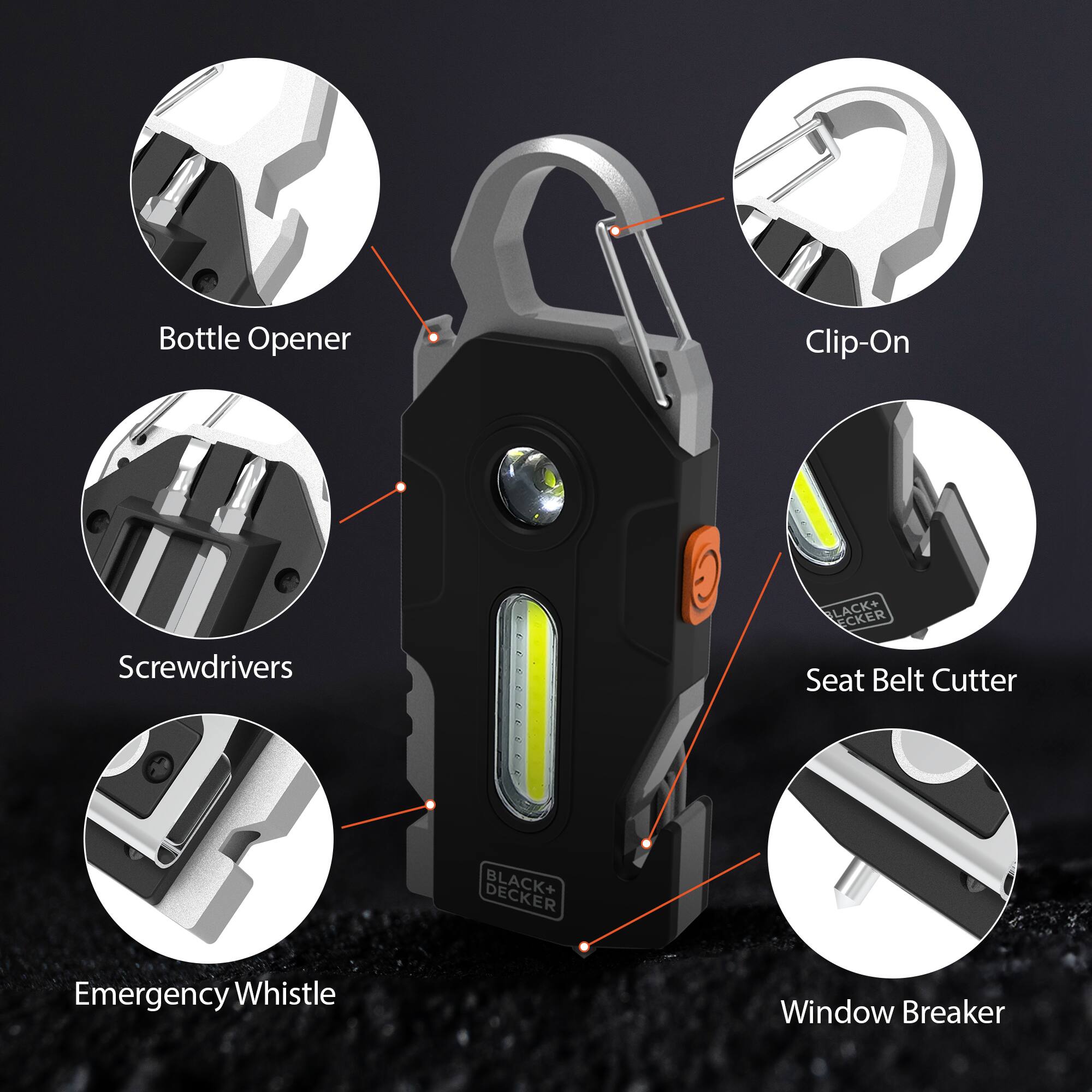 Bottle Opener  
Clip-On  
Screwdrivers  
BLACK+ DECKER Seat Belt Cutter  
Emergency Whistle  
Window Breaker
