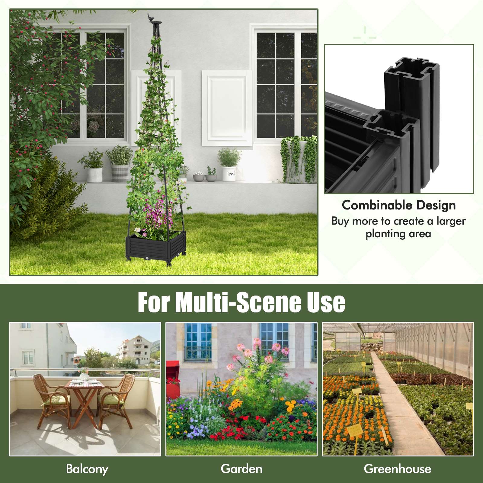 Combinable Design  
Buy more to create a larger planting area  

For Multi-Scene Use  
Balcony  
Garden  
Greenhouse