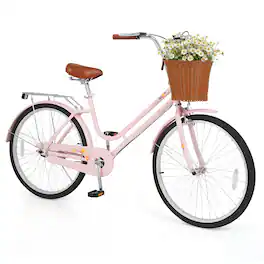 Costway - 24-Inch Beach Cruiser Bike with Adjustable Seat, Woven Basket & Rear Rack for City - Pink